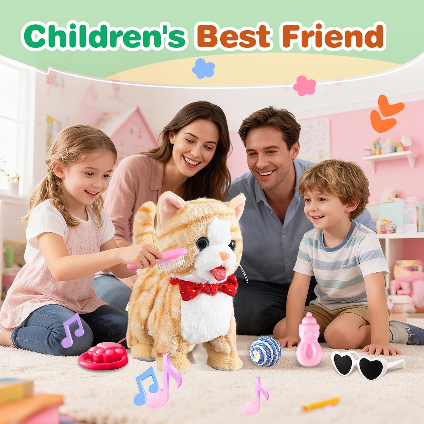 Yellow Pattern Leash Walking Cat Set Interactive Talking Toy Singing Dancing Kitten Mimicking Repeat What You Say Kitty Touch and Voice Control Nodding Wagging Tail Plush Electric Robot for Kid Girl