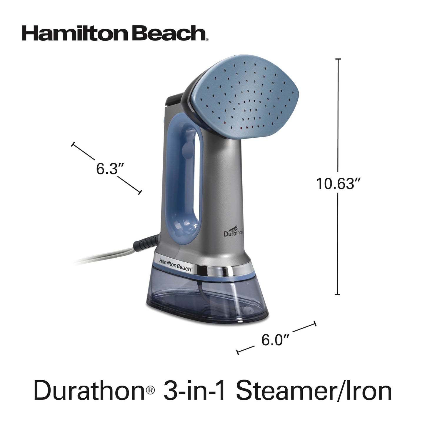 Hamilton Beach Durathon 3-in-1 Handheld Garment Steamer for Clothes & Steam Iron, 45 Second Heat-Up with 1700 Watts, 300ml Removable Water Tank, 27 Minutes of Steam, Auto Shutoff, Gray & Blue (11559)