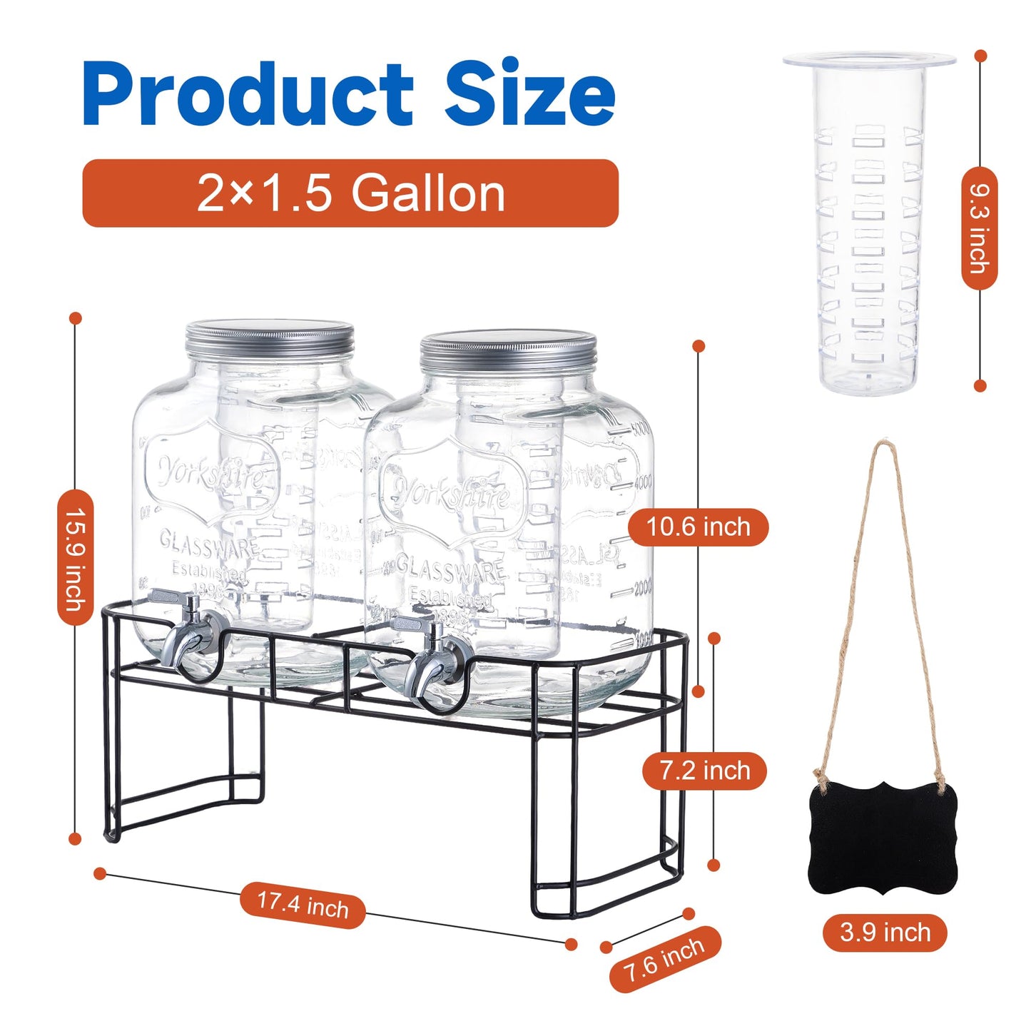1.5 Gallon Glass Drink Dispensers for Parties, 2PACK Beverage Dispenser with Stand, Ice Cylinder and Stainless Steel Spigot 100% Leakproof, Beverage Dispenser for Lemonade Sun Tea