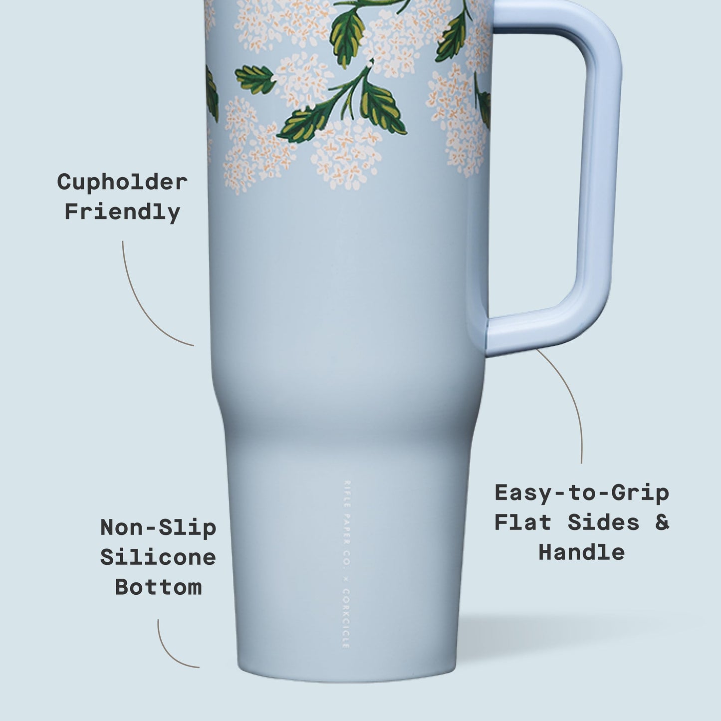 Corkcicle x Rifle Paper Co. Cruiser Insulated Tumbler with Handle & Straw - Keeps Drinks Cold 20 Hours - BPA-Free - 40 oz - Gift for Mom - Great for Mother's Day or Christmas - Gloss Blue Hydrangea