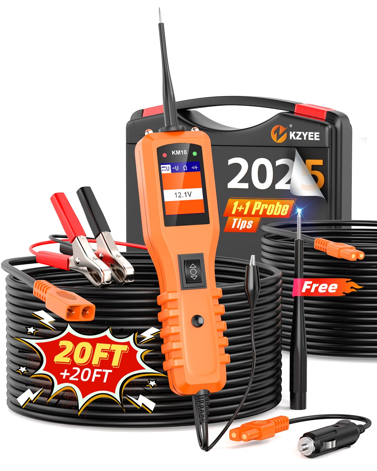KZYEE KM10 Power Circuit Probe Kit, 12V 24V Circuit Breaker Finder, Digital Voltage Tester, AC DC Diode Resistance, Current Probe, Automotive Electrical Activate Component Tool, 20FT+20FT Cable