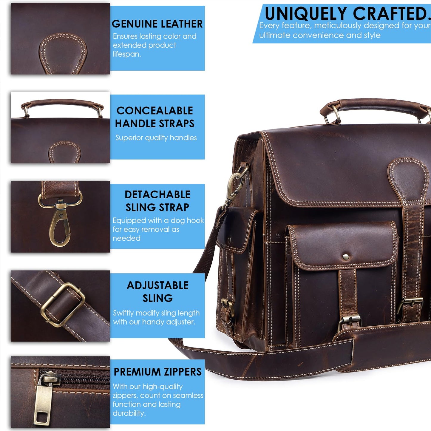 TRISKY Leather Laptop Bag for Men Satchel Briefcases for Men and Women for Office Work, College, Gifting, Travel with Mens Shoulder Bags Crossbody Mens Messenger Bags 16 inch Laptop Bag - Brown
