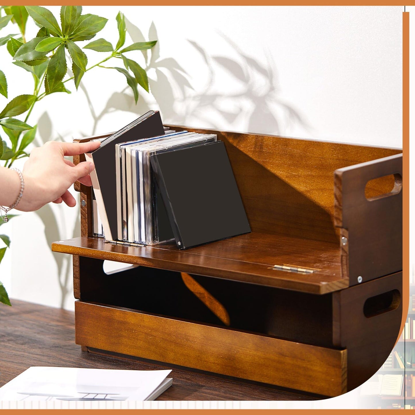 CroBlissful 2 Set Wooden CD Storage Box, Father's Gift for Dad, Cassette Tape Display Racks with Carrying Handles, Shelf for Movie Cases, DVDs, Each Set Store up to 36 Pcs CDs (Brown)