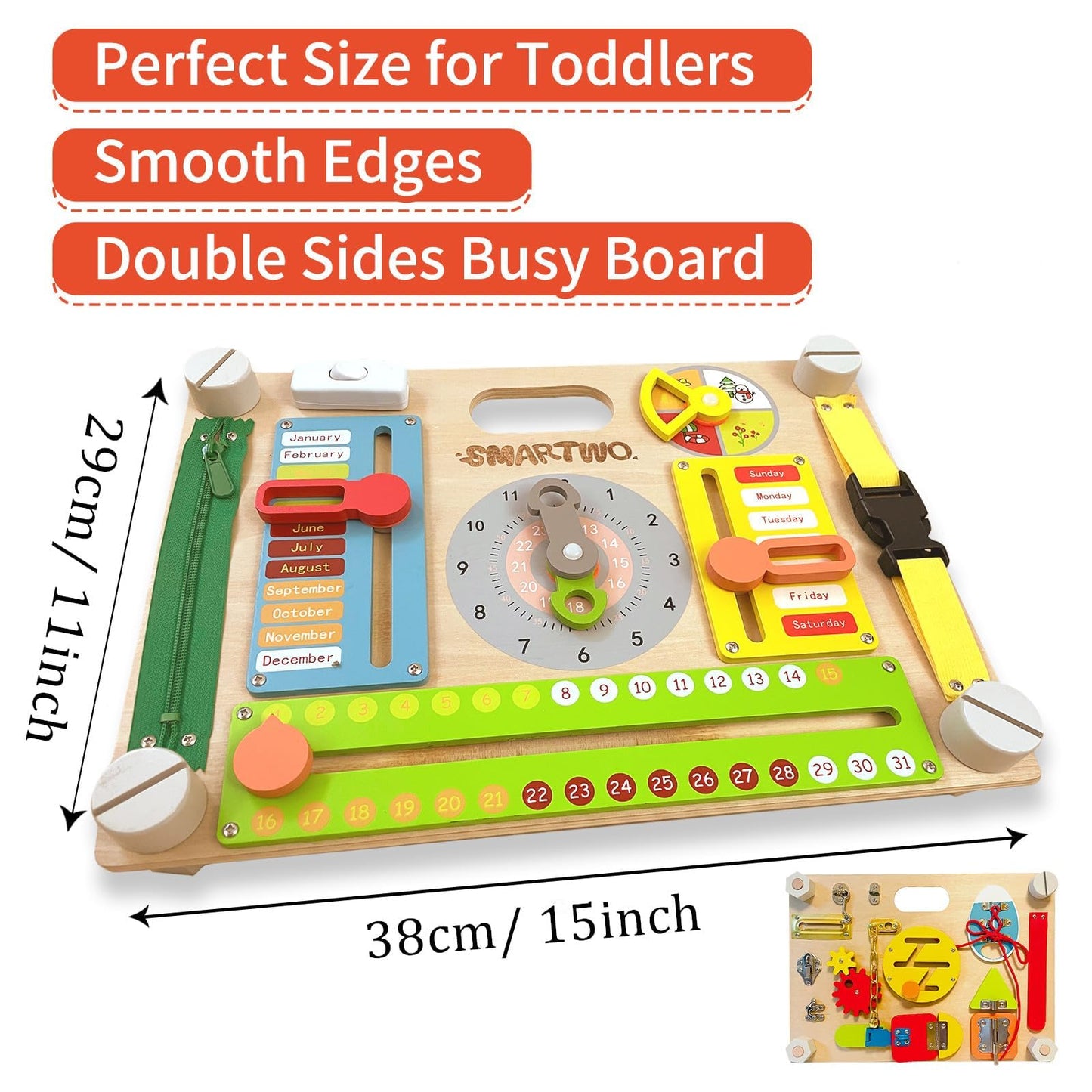 Smartwo Double-Sided Busy Board, Montessori Activities Wooden Sensory Toy for Preschool Educational Learning, Train Fine Motor, Concentration, and Life Skill Abilities for Kids 3+ Years Old