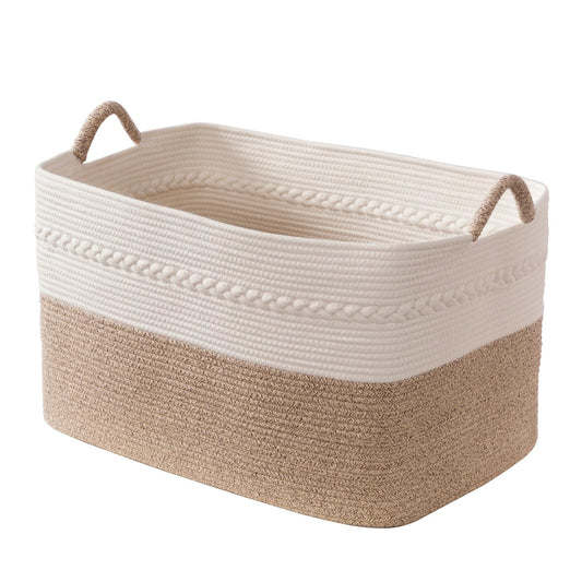 Extra large laundry basket woven from natural cotton rope with handles storage blankets for living rome big decorative quilted baskets for clothes toys pillows hamper 24"x16"x14" white/brown