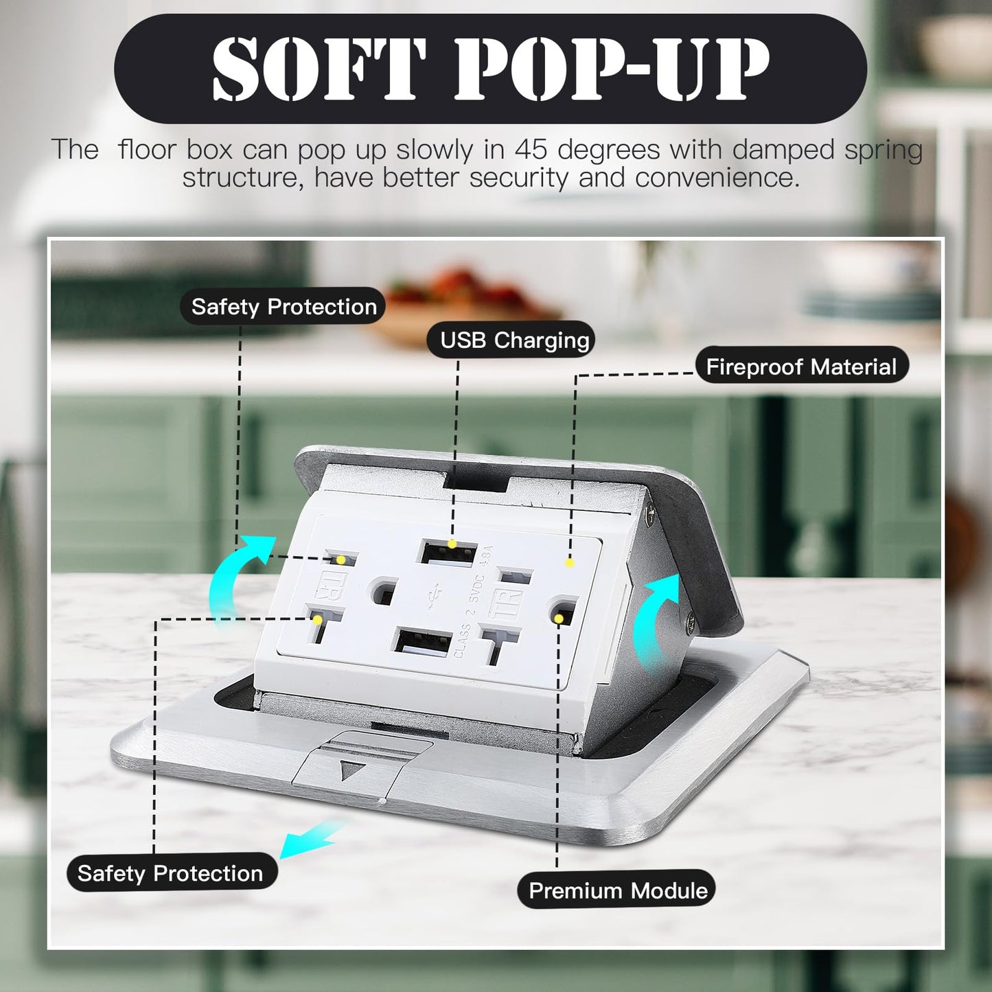 Hoolerry 4 Pack Pop up Floor Electrical Outlet Cover Box Kit with 4.8A USB Charger 20Amp Waterproof Weatherproof Floor Tamper Resistant Outlet Receptacle for Countertop Home (Silver)