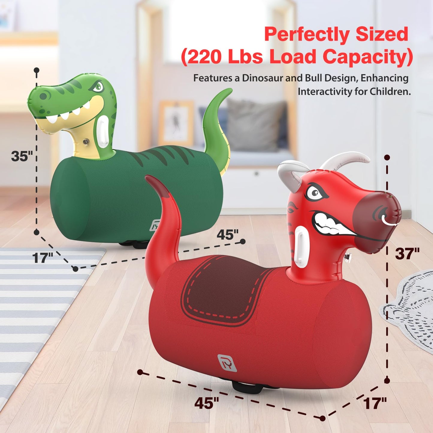 POVRYE 2 PCS Inflatable Bouncy Dinosaur Bull Hopper Toys with Pump, Giant Ride on Jumping Animals Outdoor Play Toys, 220 lbs Capacity, Indoor Bouncers for Kids Ages 5+, Fun Gift for Boys Girls