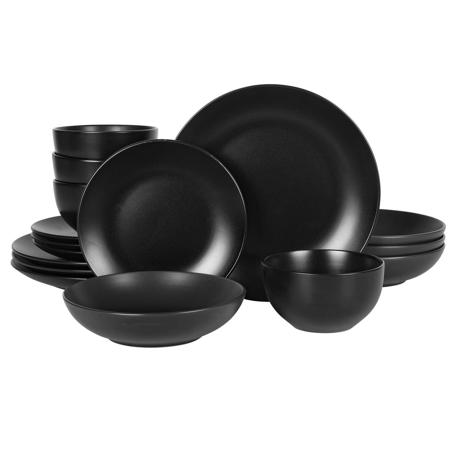 Gibson Home Queenslane 16-Piece Matte Black Stoneware Dinnerware Set – Double Bowl Plates and Bowls, Durable Kitchen Dinner Set