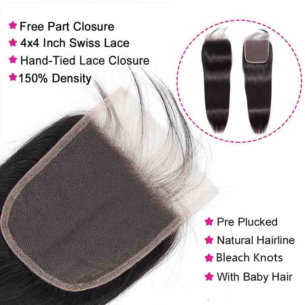 Straight Bundles with Closure Human Hair 20 22 24+18 Brazilian Human Hair Bundles with Closure Straight 100% Unprocessed Virgin Weave Hair Bundles with Closure 10A Bundles Human Hair with Lace Closure