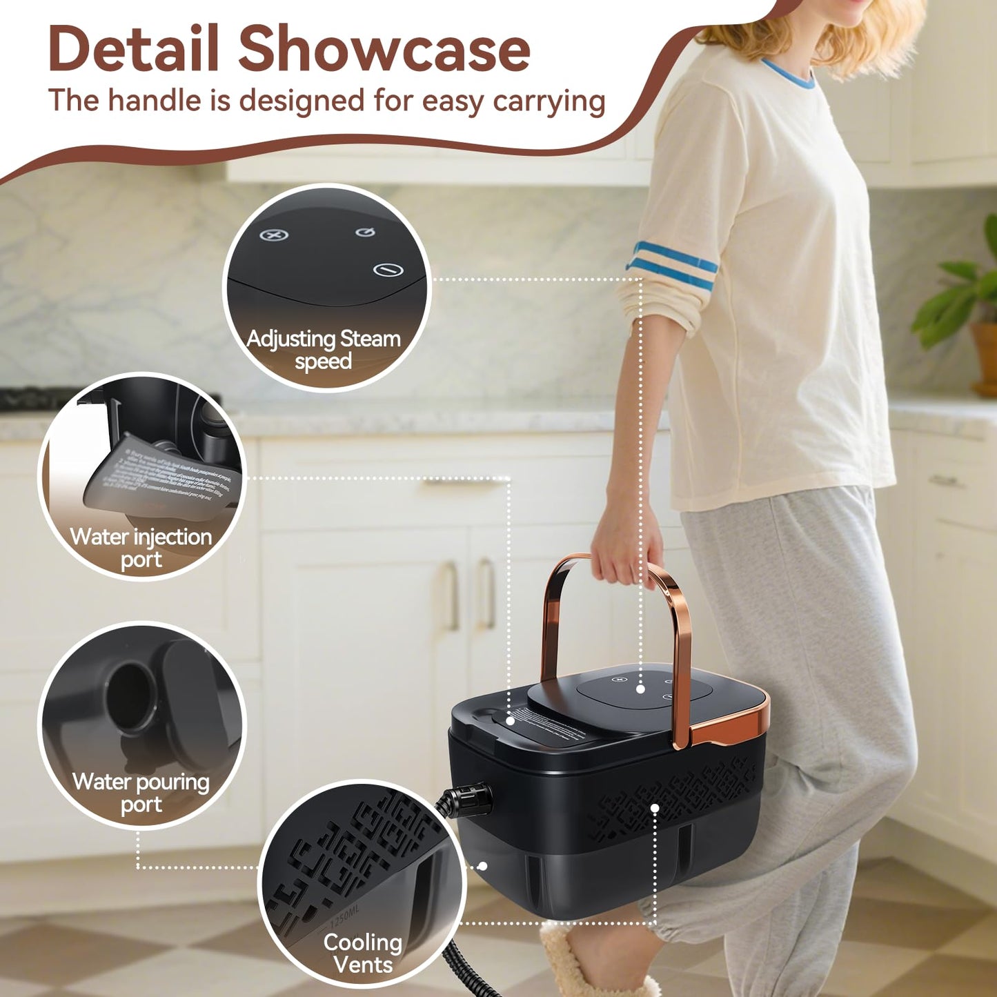 Handheld Steam Cleaner with 1.32 Quarts Tank & 15s fast Heat-Up, 13 Attachments.Portable High Pressuer Hand Held Stemer for home,Kitchen, Bathroom, Windows and Floors.Steamer for Cleaning