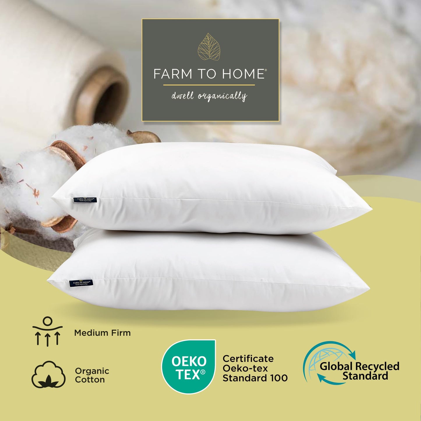 Farm To Home Organic Pillows Standard/Queen Size Set of 2, 100% Organic Cotton Cover, Down Alternative Hotel Quality Soft Bed Pillow for Back & Side Sleepers, Machine Washable, 20"x28", White