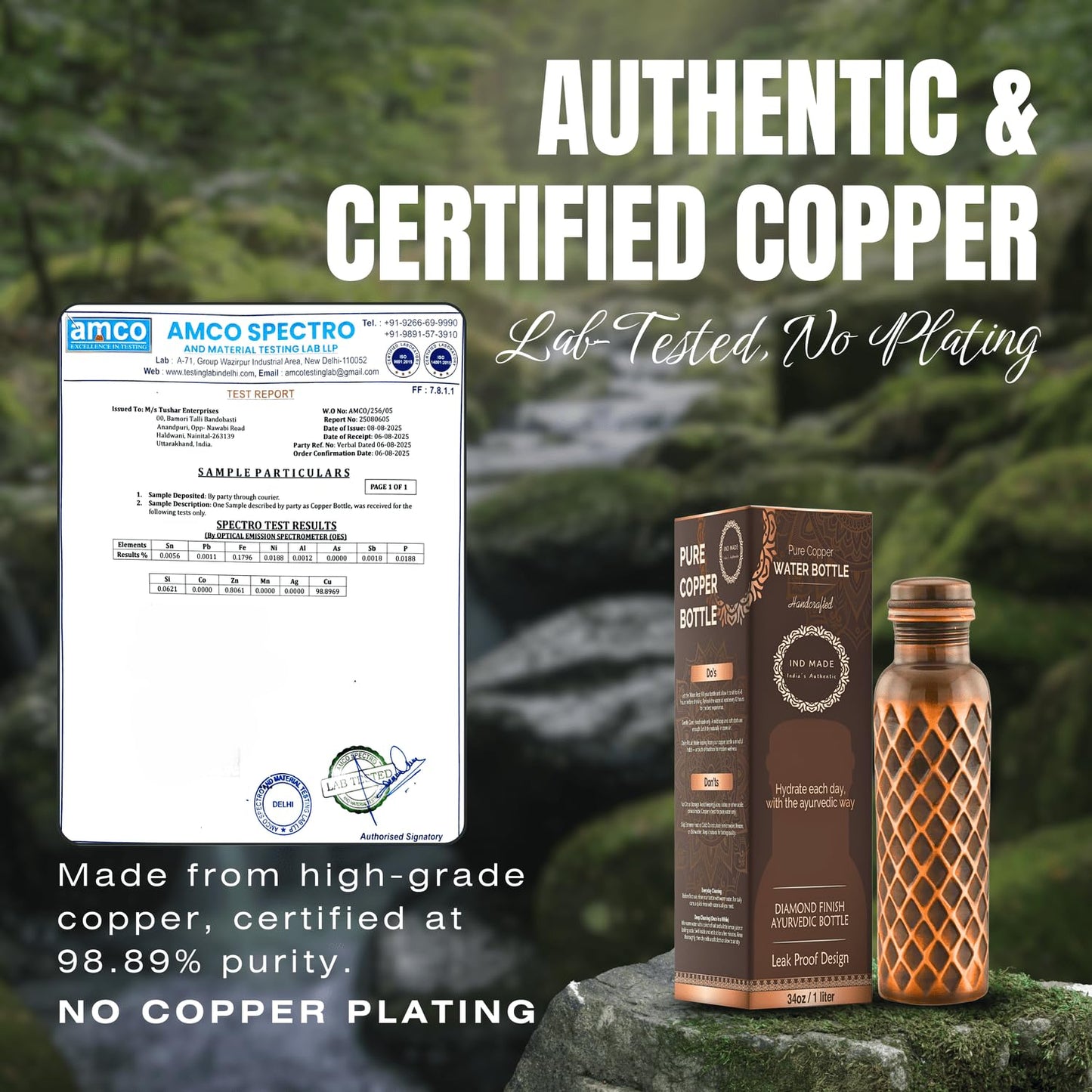 IND MADE Ayurvedic Pure Copper Water Bottle 34 Oz | Leak Proof | Durable & Rust Proof | Traditional Copper Drinkware | Eco Friendly | Non Toxic And BPA Free