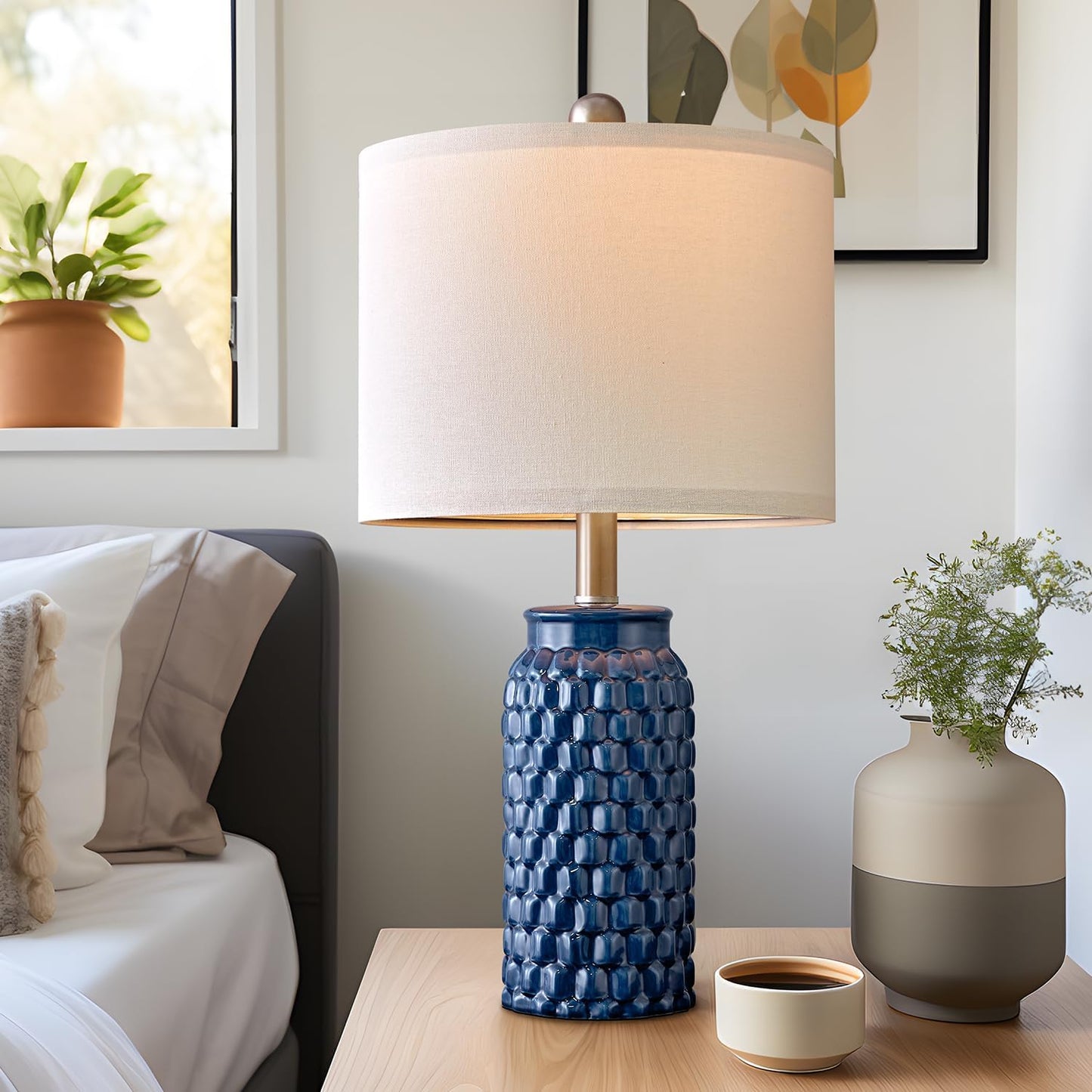 USumkky 20.5 inches Modern Ceramic Dark Blue Bedside Lamp Set of 2 for Bedroom Decor Farmhouse Table Lamp for Living Room Office Dorm