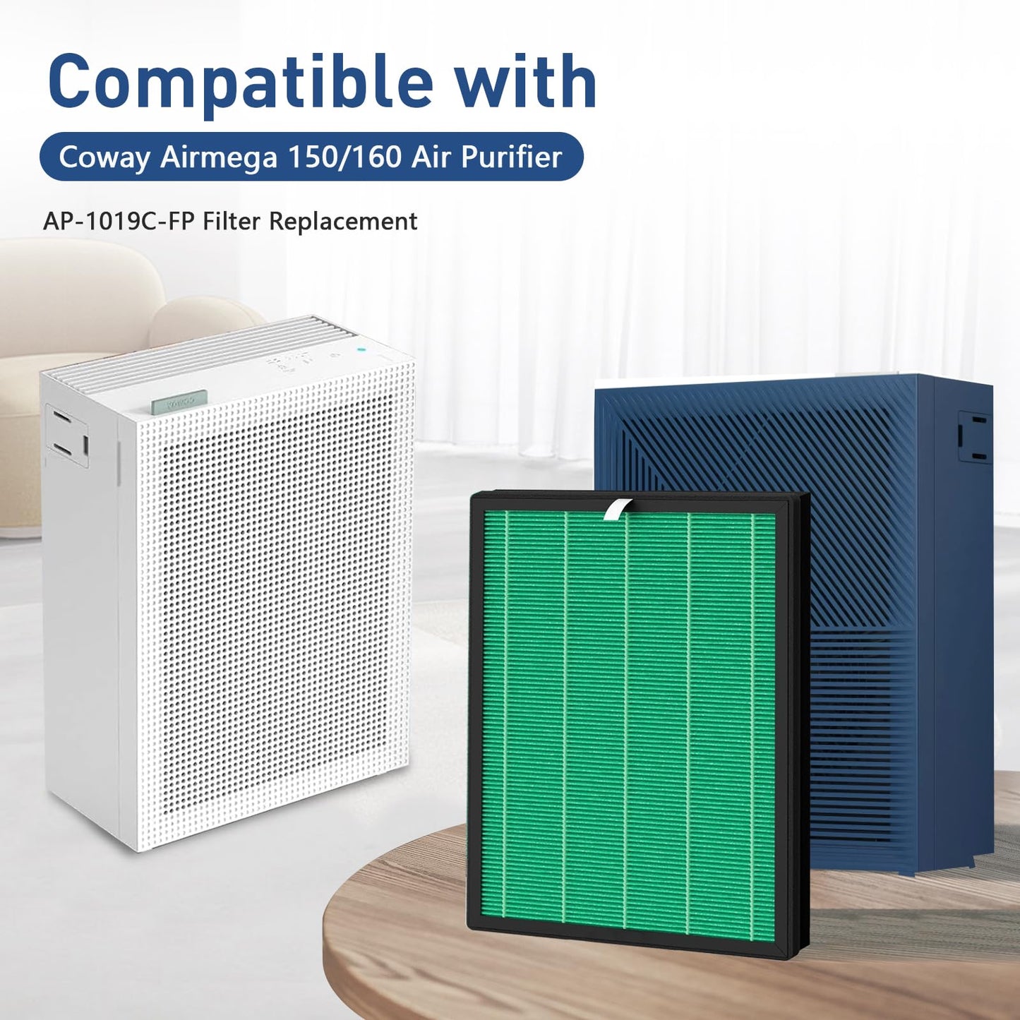 2 Sets 150 Filter Replacement for Coway Airmega 150 160 150(W) 160(K) Air Purifier, 2 Green True HEPA and 4 Active Carbon Filter, AP-1019C-FP Filter