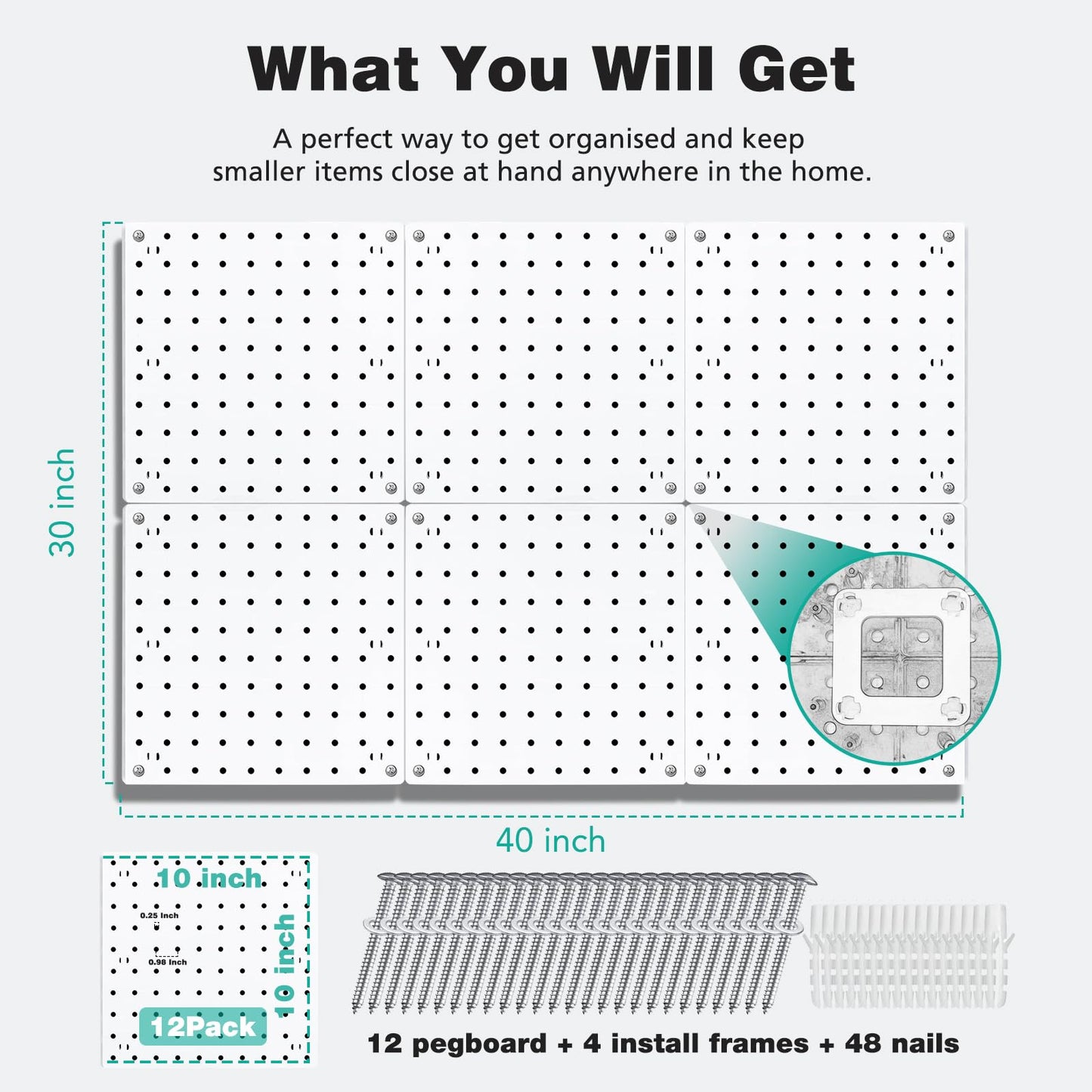 12Pcs Peg board, Pegboard Wall Organizer Panels, Wall Mount Display Small Pegboard Kits, Pegboard, Peg Boards for Wall Craft Room, for Kitchen, Garage, Workshop, Tool Accessories - White Pegboard