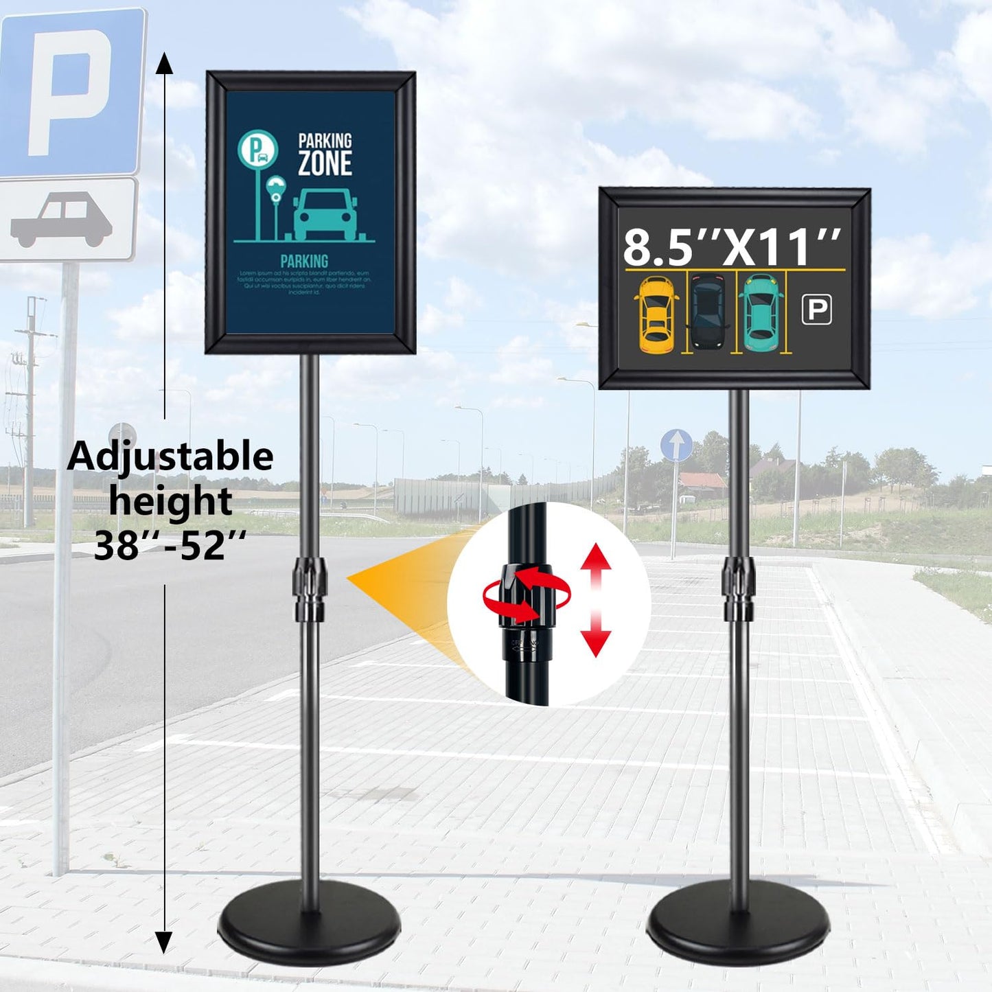 AceShow 2 Pack Sign Holder Stand - 8.5 ×11 inch Standing Display Sign Stand, Adjustable Poster Sign Holder, Heavy Duty Pedestal Floor Sign Stand, Snap Open Frame for Vertical & Horizontal View, Black