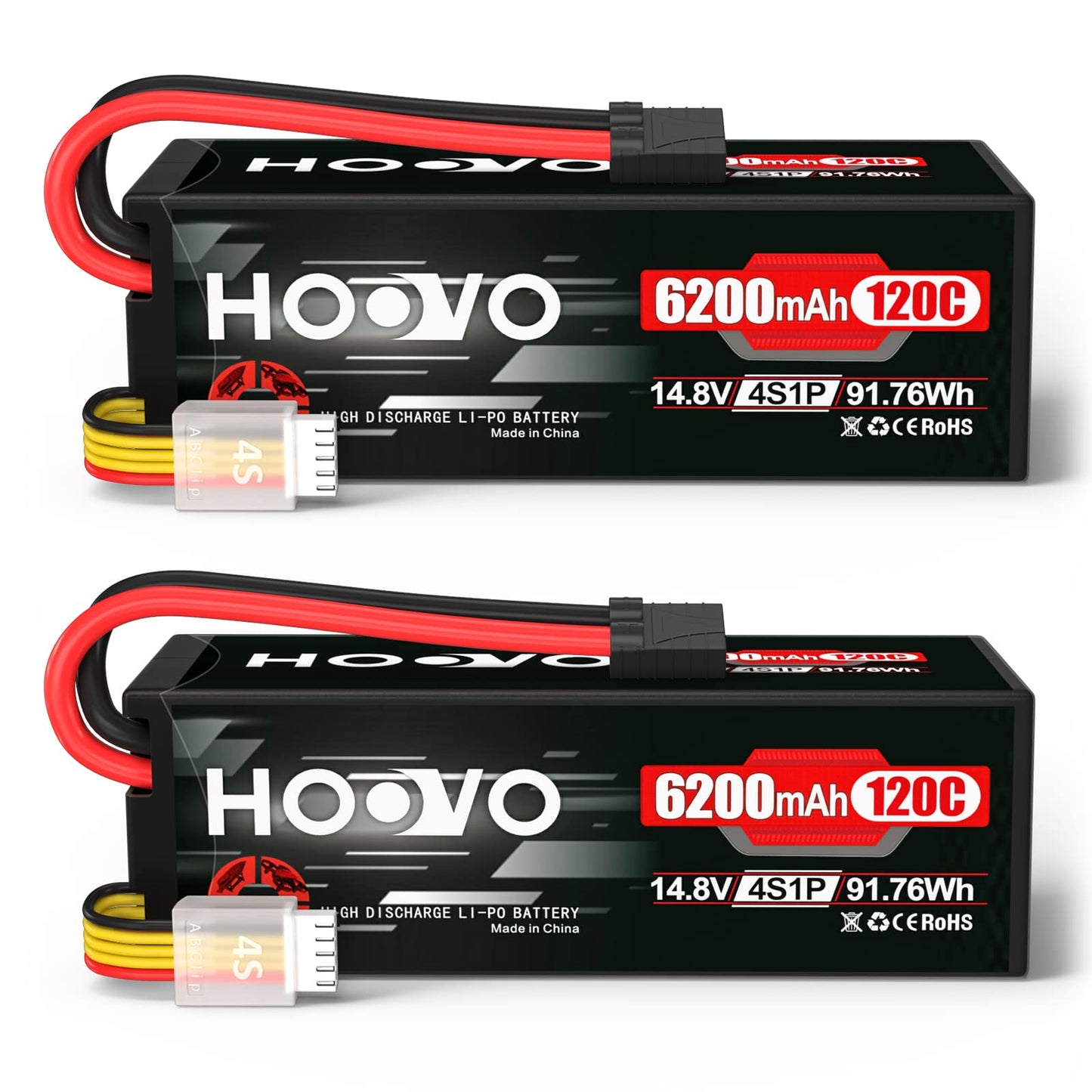 HOOVO 4S Lipo Battery 14.8V 6200mAh 120C RC Car Battery Hard Case with TR Plug Compatible for 1/8 and 1/10 Scale RC Car RC Buggy Truggy Truck Slash 4X4 Crawler Monster RC Hobby 2 Pack