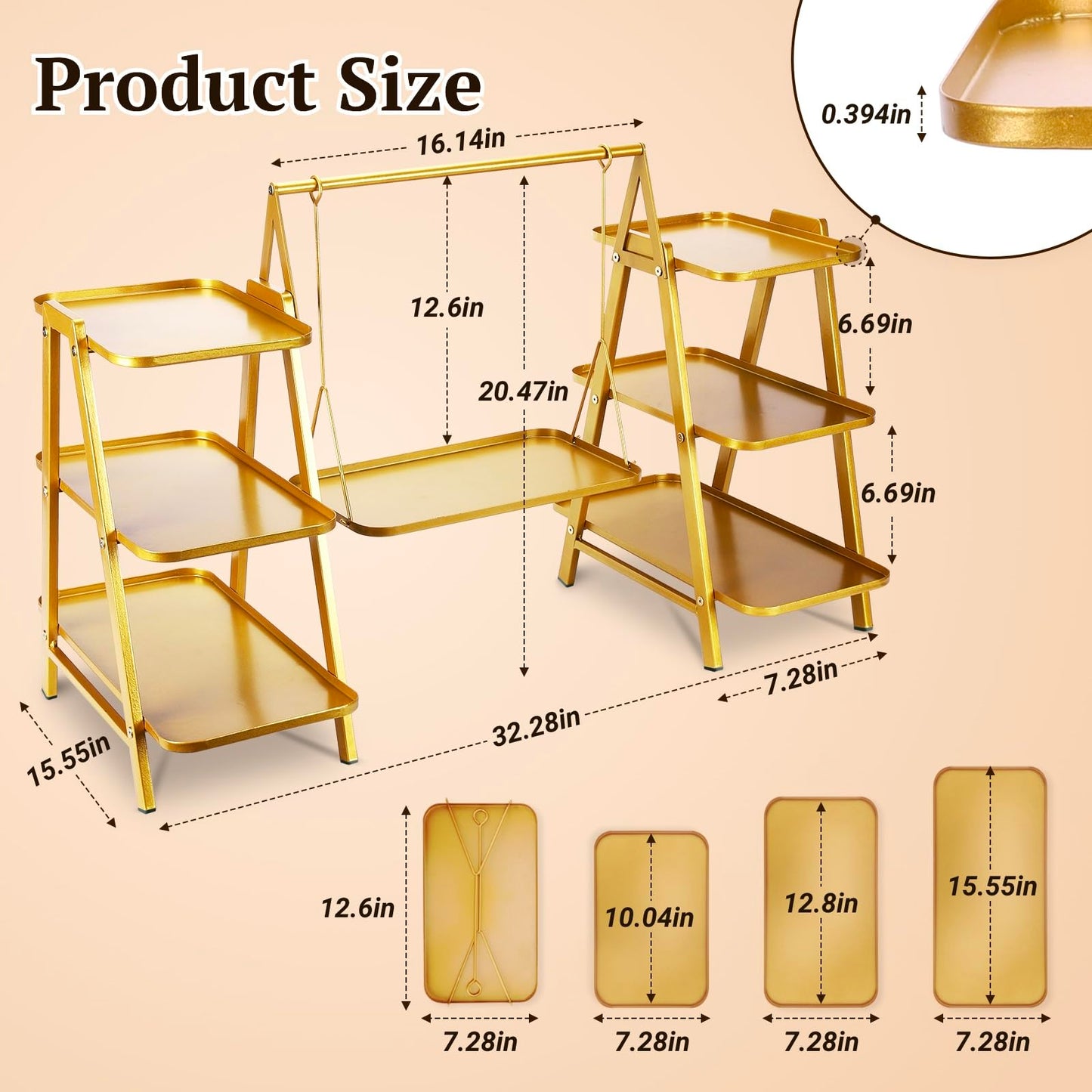 QDXIW Metal 3 Tier Cupcake Stands, Large Capacity Serving Removable Tray Dessert Stands with Swing Design and Anti-slip Base, Food Display for Parties and Events, Wedding, 32.28*15.55*20.47Inch (Gold)