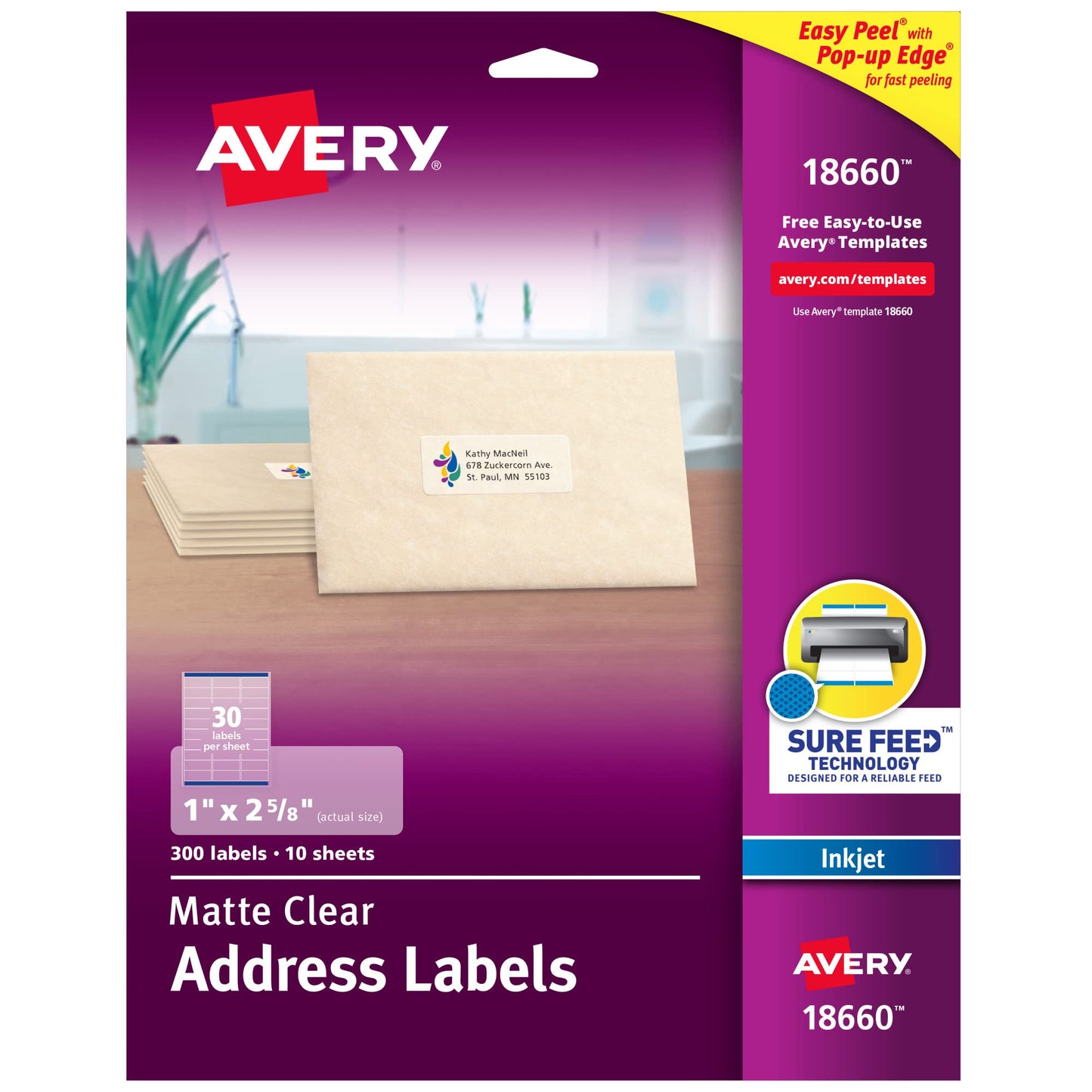 Avery Matte Clear Address Labels, Sure Feed Technology, Inkjet, 1" x 2-5/8", 1500 Labels (5 Packs of 18660)