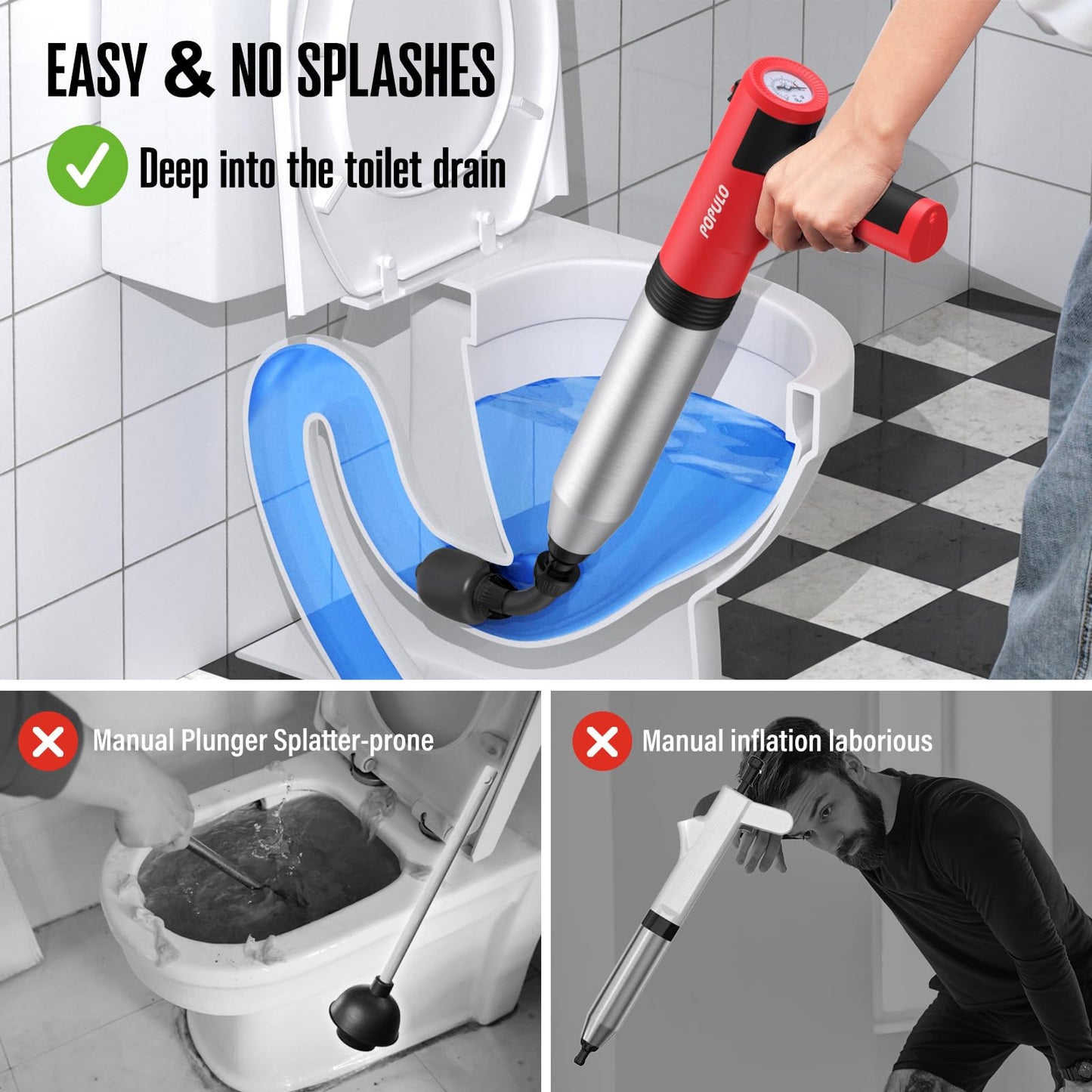 POPULO Electric Toilet Plunger Swift High Pressure Drain Unclogger Plungers for Bathroom, Floors, Shower Heavy Duty Versatile Home Toilet Clog Remover