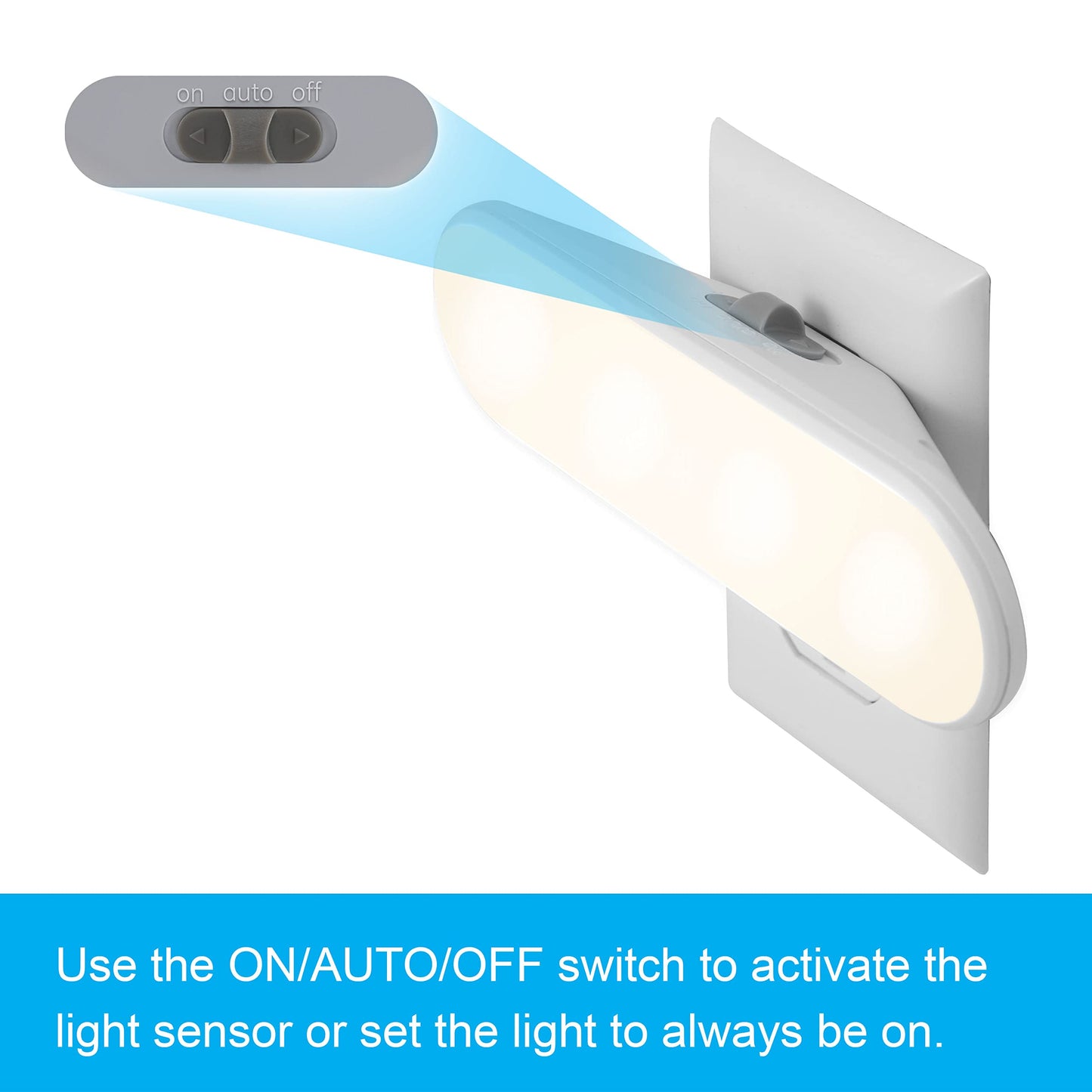 GE Ultrabrite Plug in LED Night Light Bar with On/Off/Auto Switch, 100 Lumen Soft White Lighting for Hallways and Bedrooms, 4-Pack, 62459