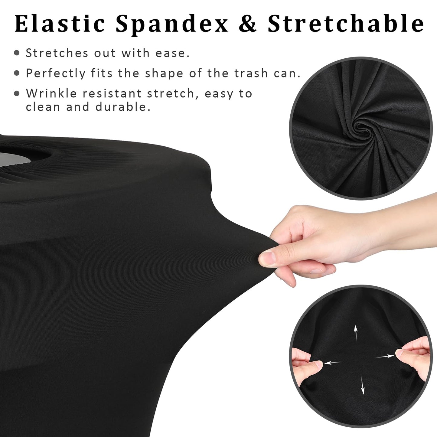 BSTKEY 44 Gallon Stretch Spandex Trash Can Cover, 4 Pack Outdoor Fitted Waste Container Cover Round Garbage Can Covers for Wedding Party Commercial Fundraiser Decor, Without Trash Can (Black)