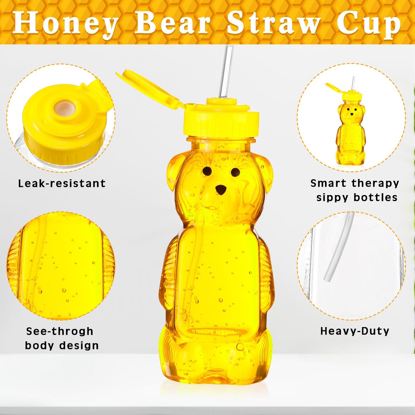 Thenshop 32 Pack Honey Bear Bottle with Straws Empty Plastic Cup Honey Jar Containers Bear Shaped Squeeze Bottle Storing and Dispensing Yellow Flip Top Lid Assistive Cups(8oz)