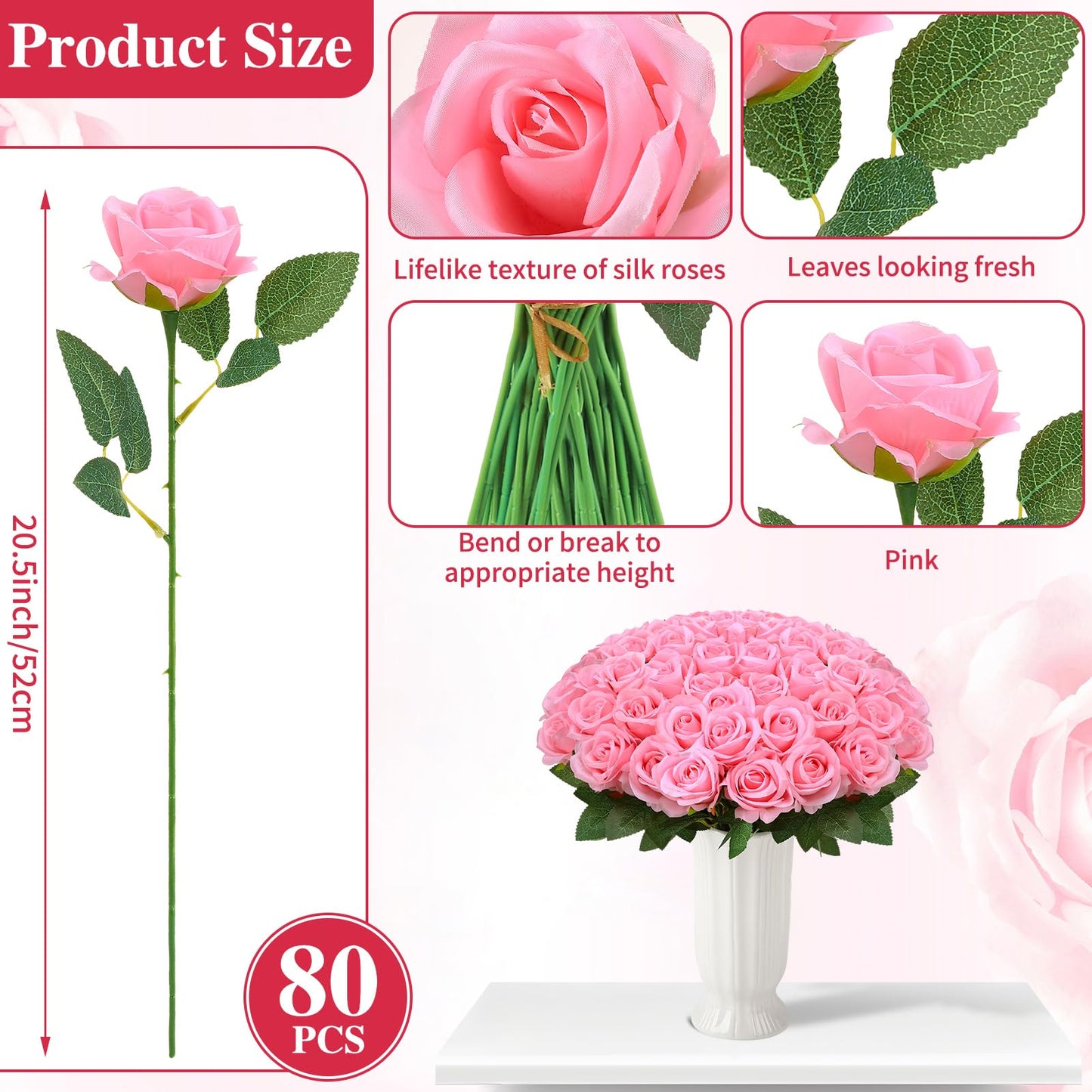 Ovveroche 80 Pcs Roses Artificial Flowers, Silk Pink Artificial Flowers Petals Long Stem Roses for Wedding Bouquet Home Party Decor