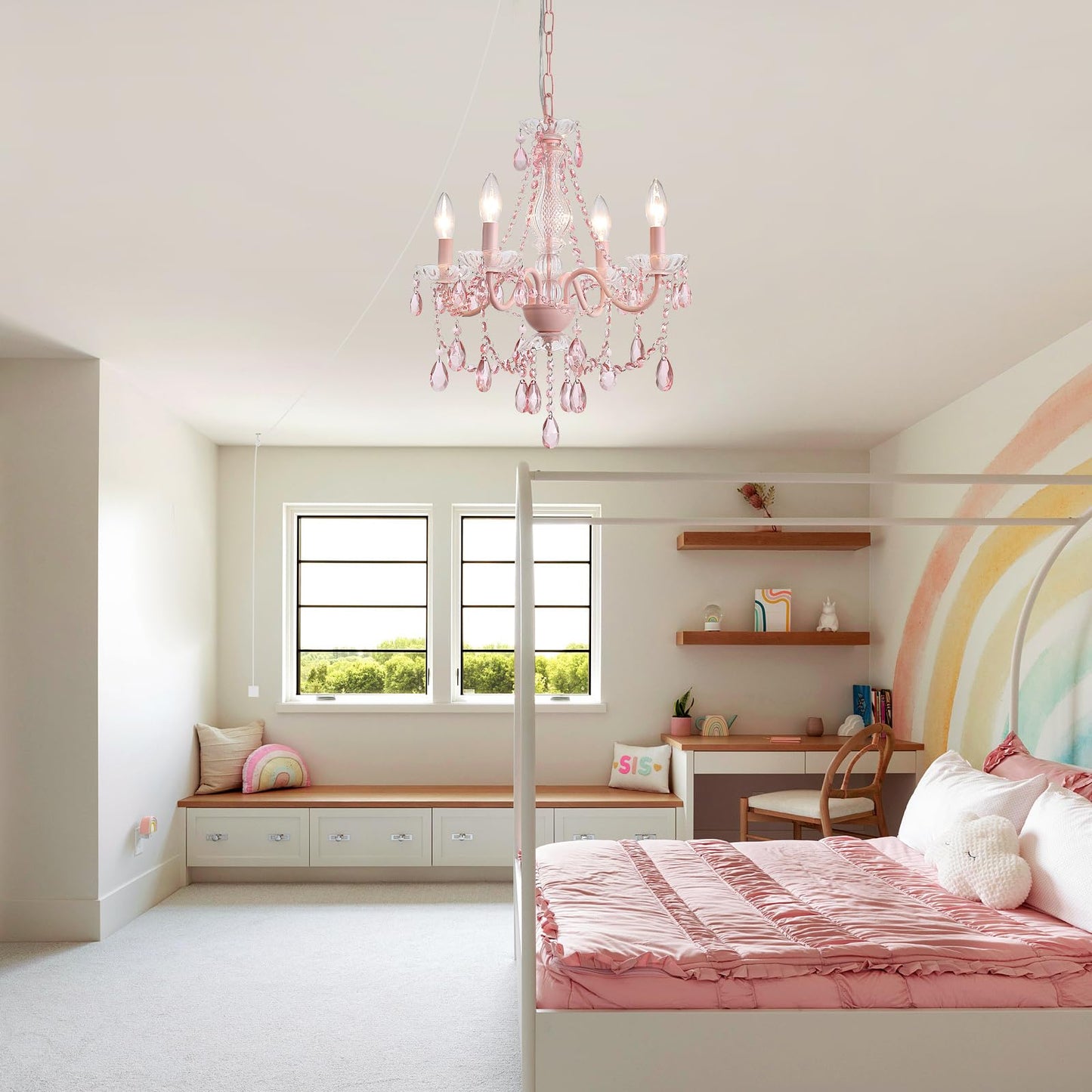 Plug in Crystal Pink Chandelier, Not acrylic Crystal,Mini 4 Lights for Girls Room,Pink Crystals Hanging Pendant Light with Clear Cord and On/Off, Chandelier for wedding, Kitchen, Dining,Foyer,Island
