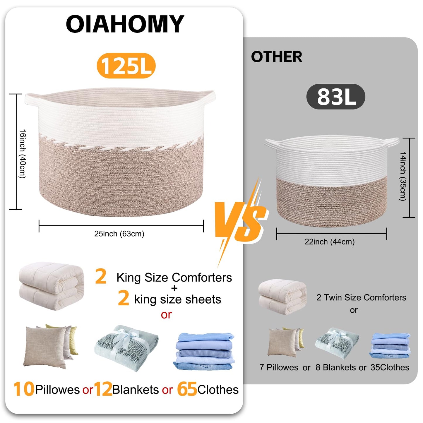 OIAHOMY 125L Extra Large Blanket Basket, 25" x 16", Jumbo Laundry Hamper, Cotton Rope Basket with Handles for Living Room,Baby Toy Storage Bins, Brown