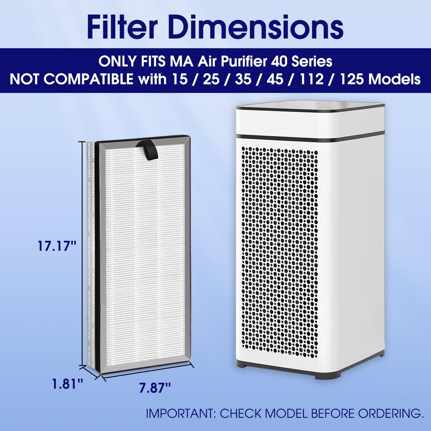 40 Replacement Filter Compatible with MA Air Purifier 40 Series, 3-in-1 High-Efficiency H-13 Grade, Pre-Filter and Activated Carbon, 4 Pack