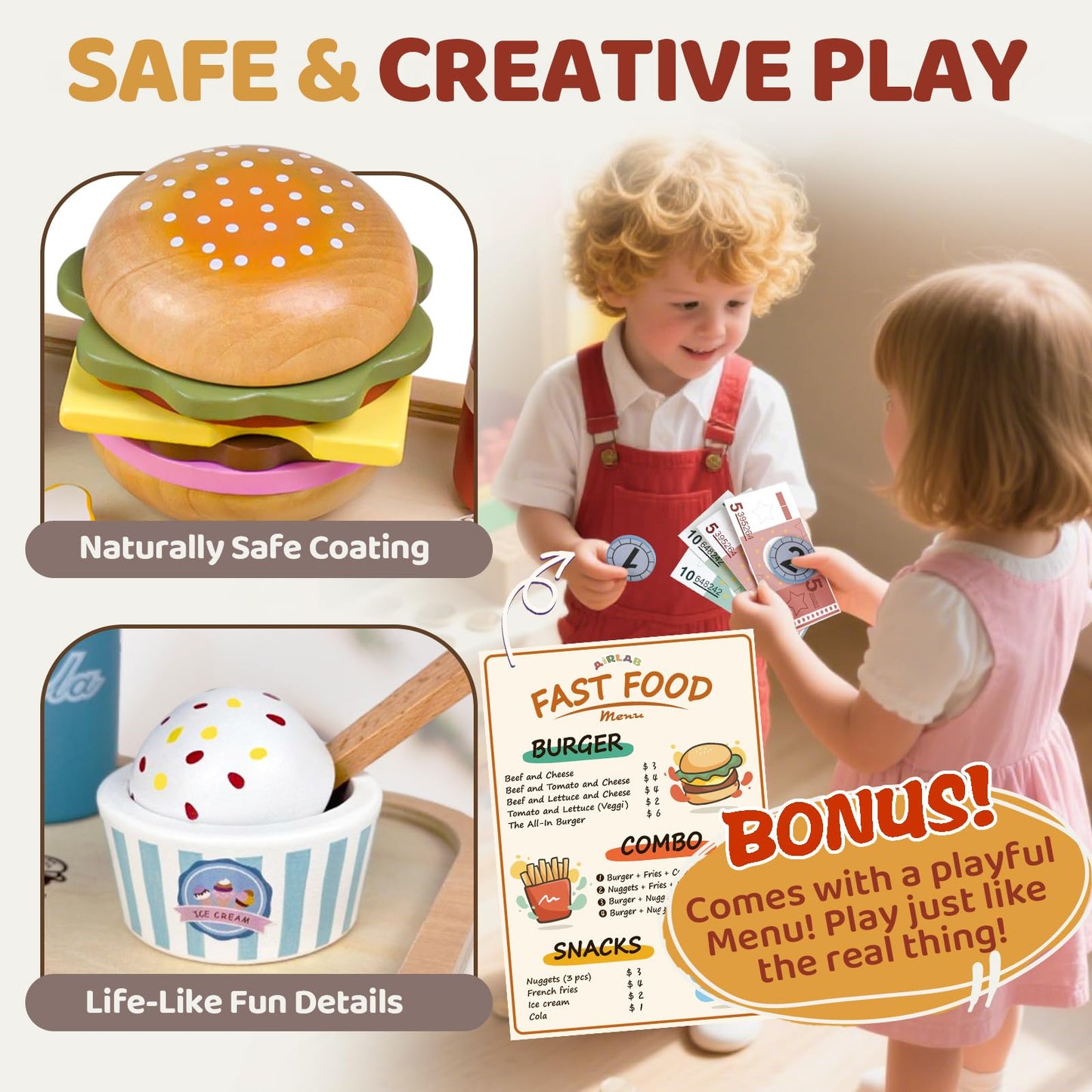 Airlab Wooden Play Food for Toddlers Pretend Play Sets 3-5 Year Old Food Toy Kitchen Accessories Birthday Gift for 3 Year Old Girl Boy 2-4 Age 4 5 6 Wood Educational Toys