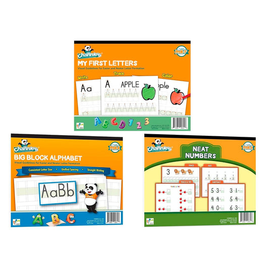 Channie's PreK Kindergarten Handwriting Visual Alphabets & Numbers Learning & Tracing Workbooks, 3 Pack - Alphabet & Numbers Preschool Workbook for Homeschool and After School