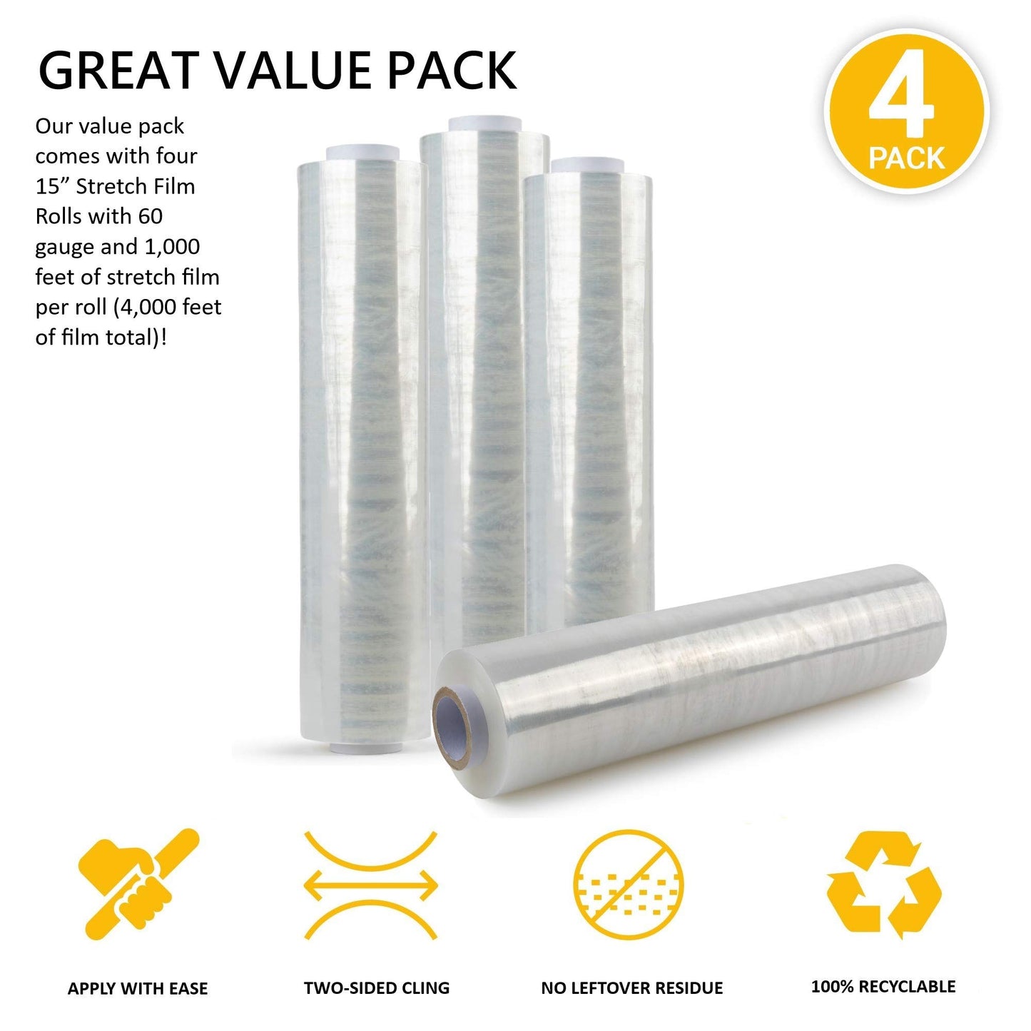 Modern Innovations 15 Inch Clear Stretch Wrap Replacement Roll (4 Refill Rolls-4000 Feet) No Handle, Shrink Wrap for Moving, Packing Supplies for Wrapping Furniture, Plastic Pallet Cling
