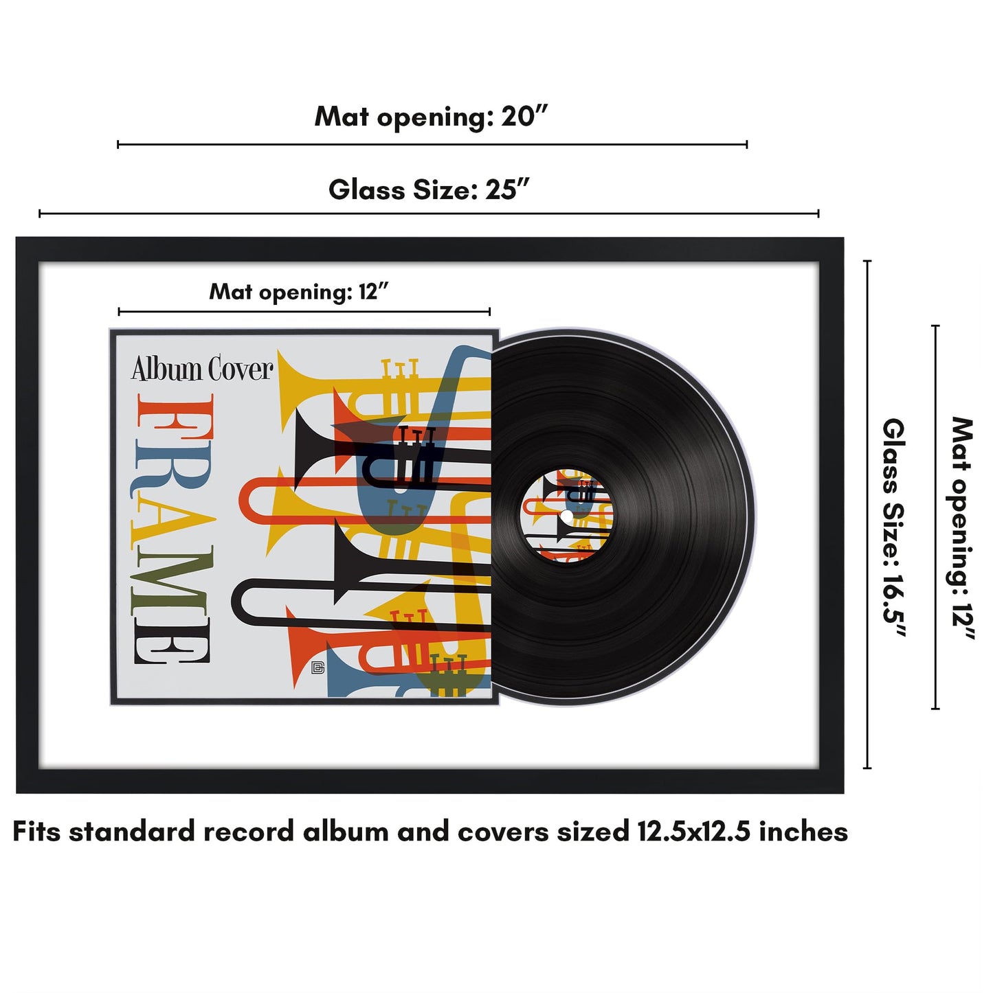 Americanflat 25x16.5 Record Album Frame with Shatter-Resistant Glass - Use as 12.5x12.5 Album Cover Frame with Mat - Brooklyn Portrait Collection - Engineered Wood Square Frames for Wall - Black