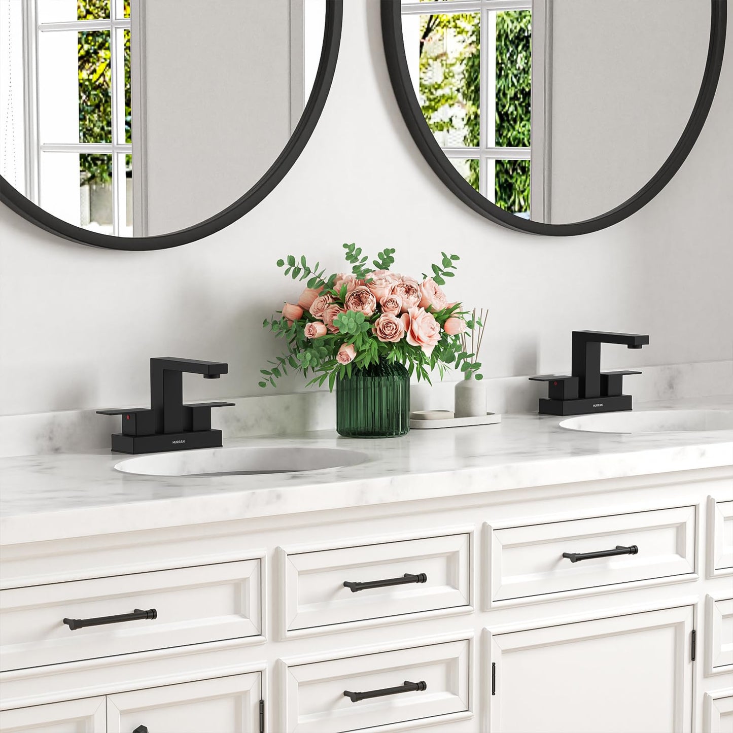 Matte Black Bathroom Sink Faucet, Hurran 4 inch Bathroom Faucets for Sink 3 Hole with Pop-up Drain and Supply Lines, Stainless Steel 2-Handle Faucet for Vanity RV Restroom, 2 Pack