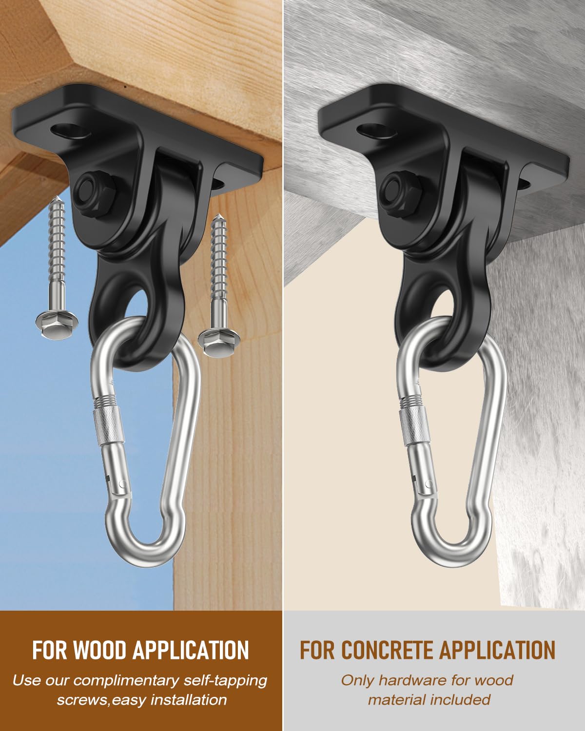 Heavy Duty Porch Swing Hangers Kit, with Screws Bolts for Wooden Sets Playground Porch Patio Yoga Seat Indoor Outdoor Hanging Snap Hooks (4 Pack Black)