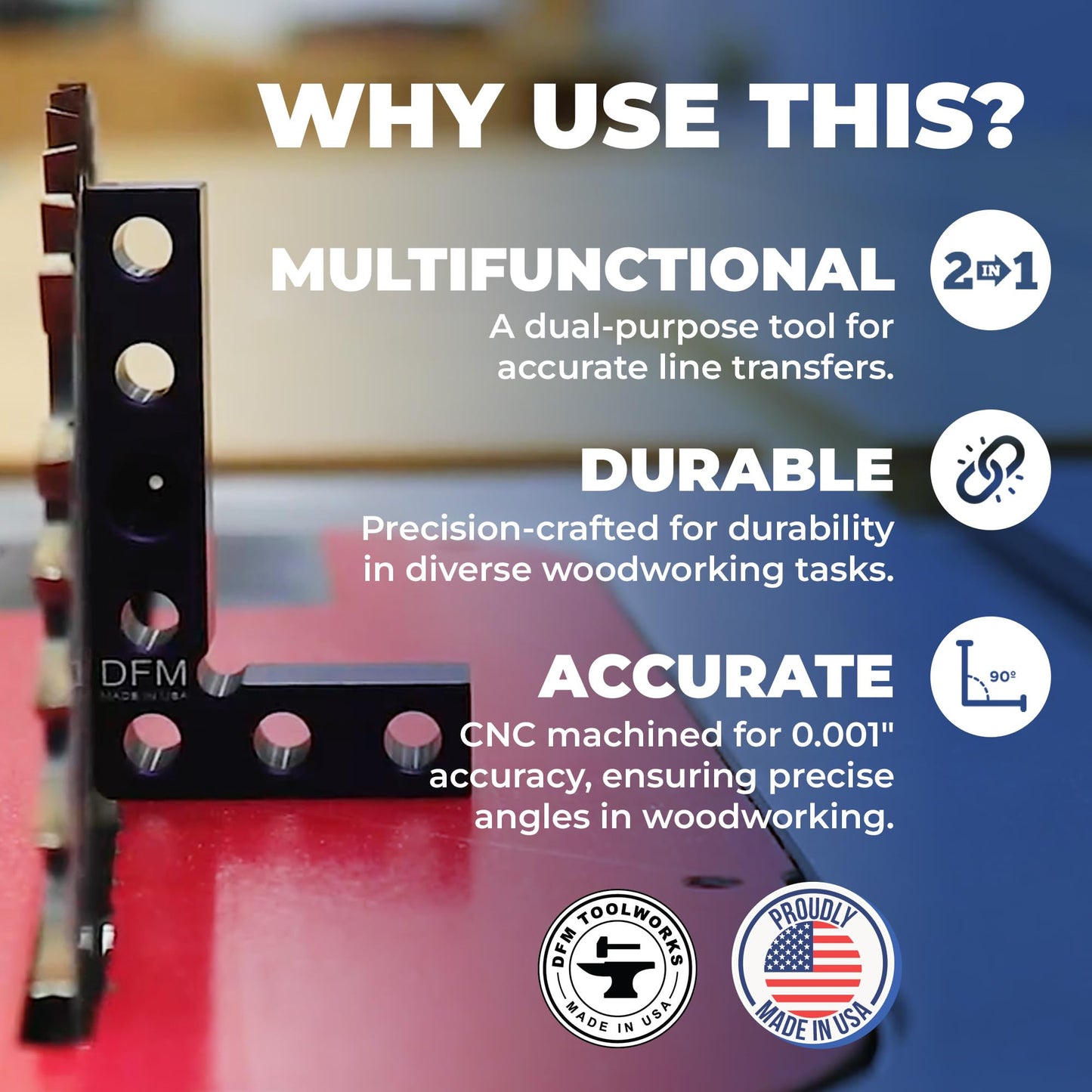 DFM Tool Works Small Square and Center Finder - Mini Square Tool with 11/32" Center Marking Hole Woodworking, Carpenter Engineering Square, Center Marking Tool, Made in USA - Blue