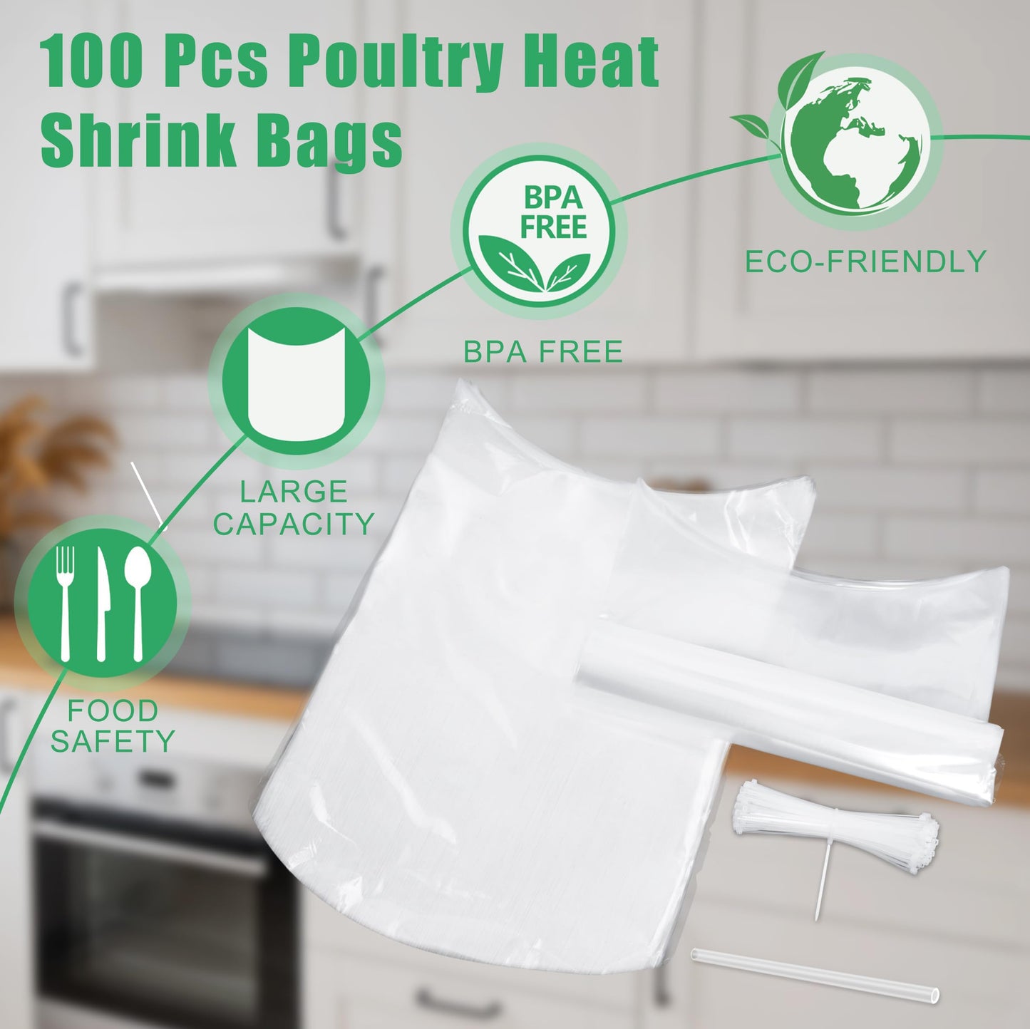 Poultry Shrink Bags(13x18'' - Bulk 100 Pack) BPA Free and Freezer Safe, Heavy Duty Heat Resistant Brining Bags for Turkey, Chicken, Rabbit,Includes 100 Zip Ties + Silicone Straw