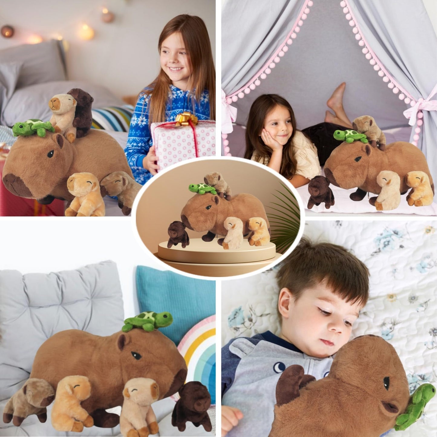Youthfuljive 5 Pcs Capybara Plush Toys, 14.2“ Mommy Capybara Stuffed Animals with Turtle and 4 Cute Babies, Soft Stuffed Capybara Plushie for Kids Girls Boys Birthday