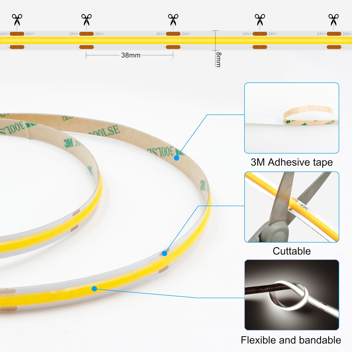 AXMOTUT 65.6ft COB LED Strip Light Natural White, High Bright LED Strips with 320LEDs,RF Remote and UL Power Supply,4000K Dimmable LED Lights for Bedroom,Kitchen,DIY Home Decoration, 2 Rolls of 32.8ft