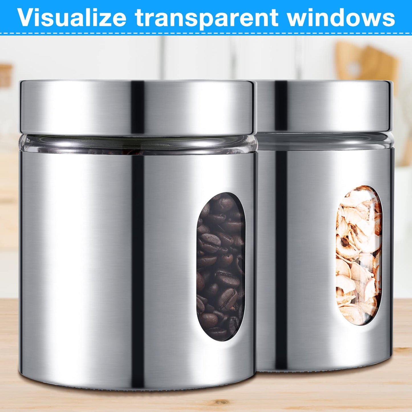 Mimorou 6 Pack Kitchen Canisters Set Airtight Coffee Sugar Tea Candy Storage Jars with Window Glass Stainless Steel Containers with Lids for Flour Cookies Spices Grains Kitchen Decorations(20 oz)