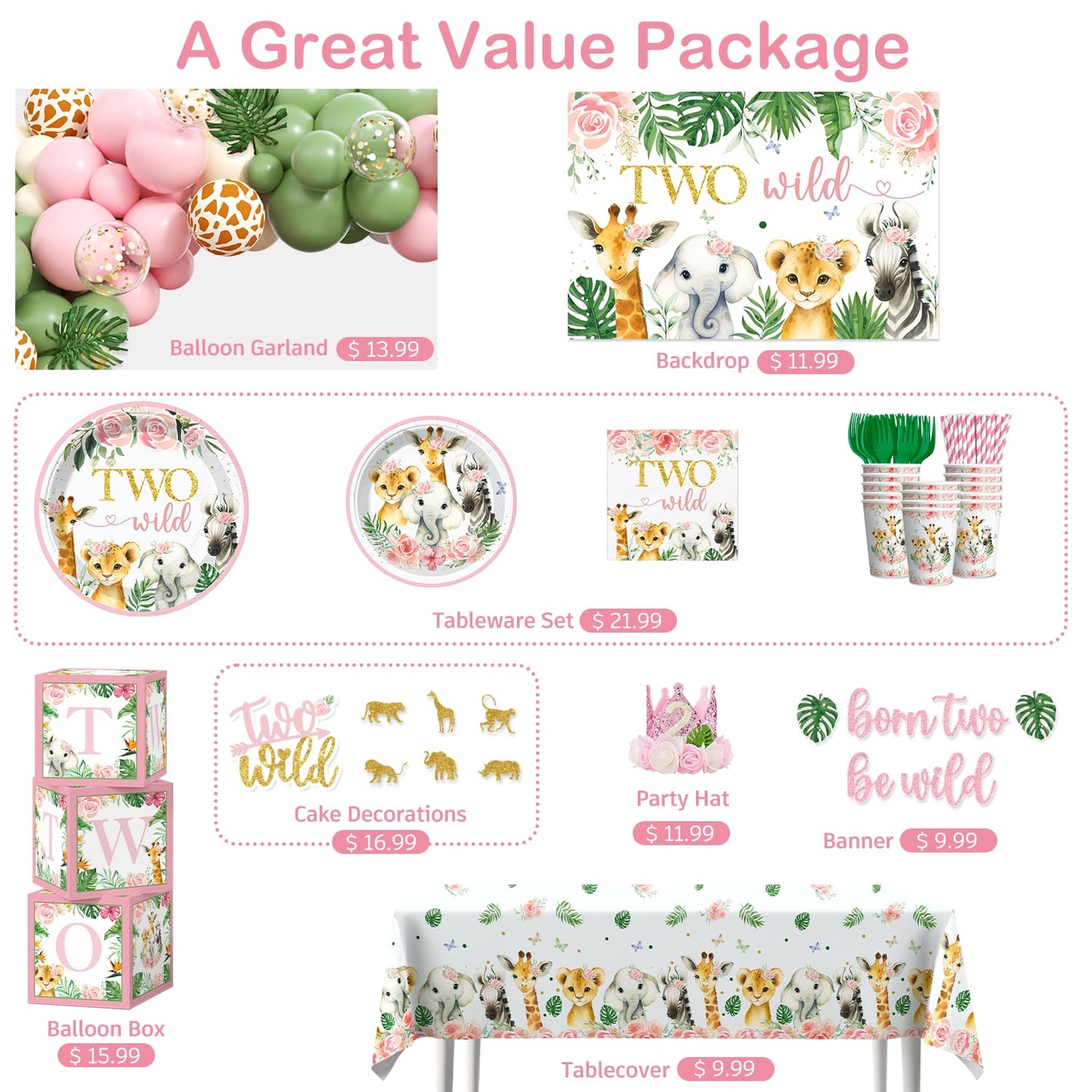 Two Wild Birthday Decorations Girl Safari Animal Jungle Theme 2nd Birthday Party Supplies Include Born Two be Wild Banner Balloons Garland Arch Plates and Napkins 2nd Decorations for Toddler Girl