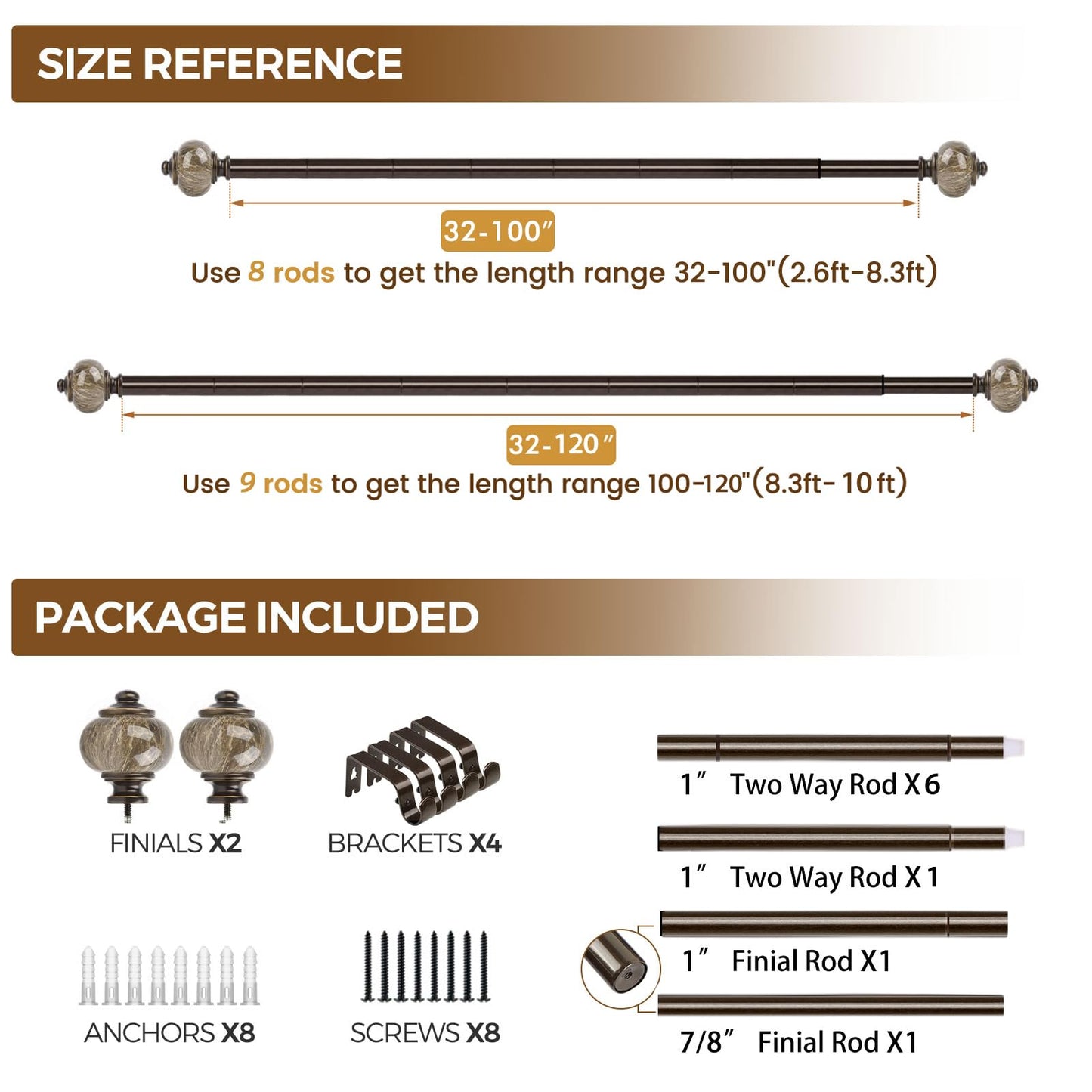 KAMANINA 1 Inch Curtain Rods for Windows 66 to 120 Inches Bronze Heavy Duty Curtain 32 to 120 (2.6-10ft), Adjustable Long Drapery Rods with Marbled Finials