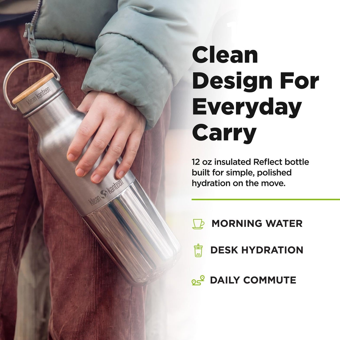 Klean Kanteen Rise Reflect Insulated Water Bottle - Reusable Water Bottle for Quick Hydration - Vacuum Insulation - Dishwasher-Safe - Bamboo Cap - Stainless Steel - 12 oz