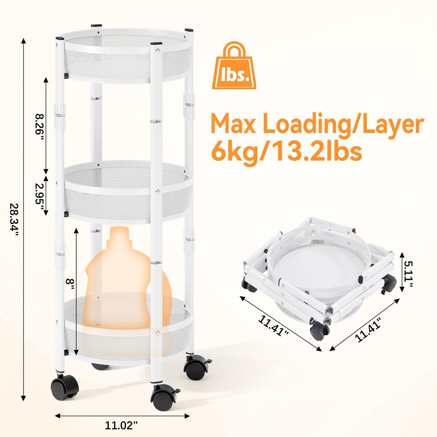 TOOLF 3-Tier Foldable Rolling Cart, Collapsible Metal Utility Cart with Wheels, No Assemble, Multifunction Storage Organizer Trolley for Kitchen, Bathroom, Dorm, Nursery, White