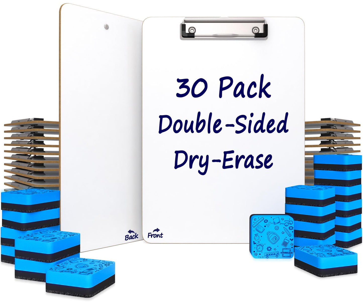 SCRIBBLEDO 30 Pack Double Sided Dry Erase Clipboards 9"x12" Durable Clipboards Bulk with 30 Dry Erase Erasers, Clipboard with Low Profile Clip for School, Classroom and Home Use