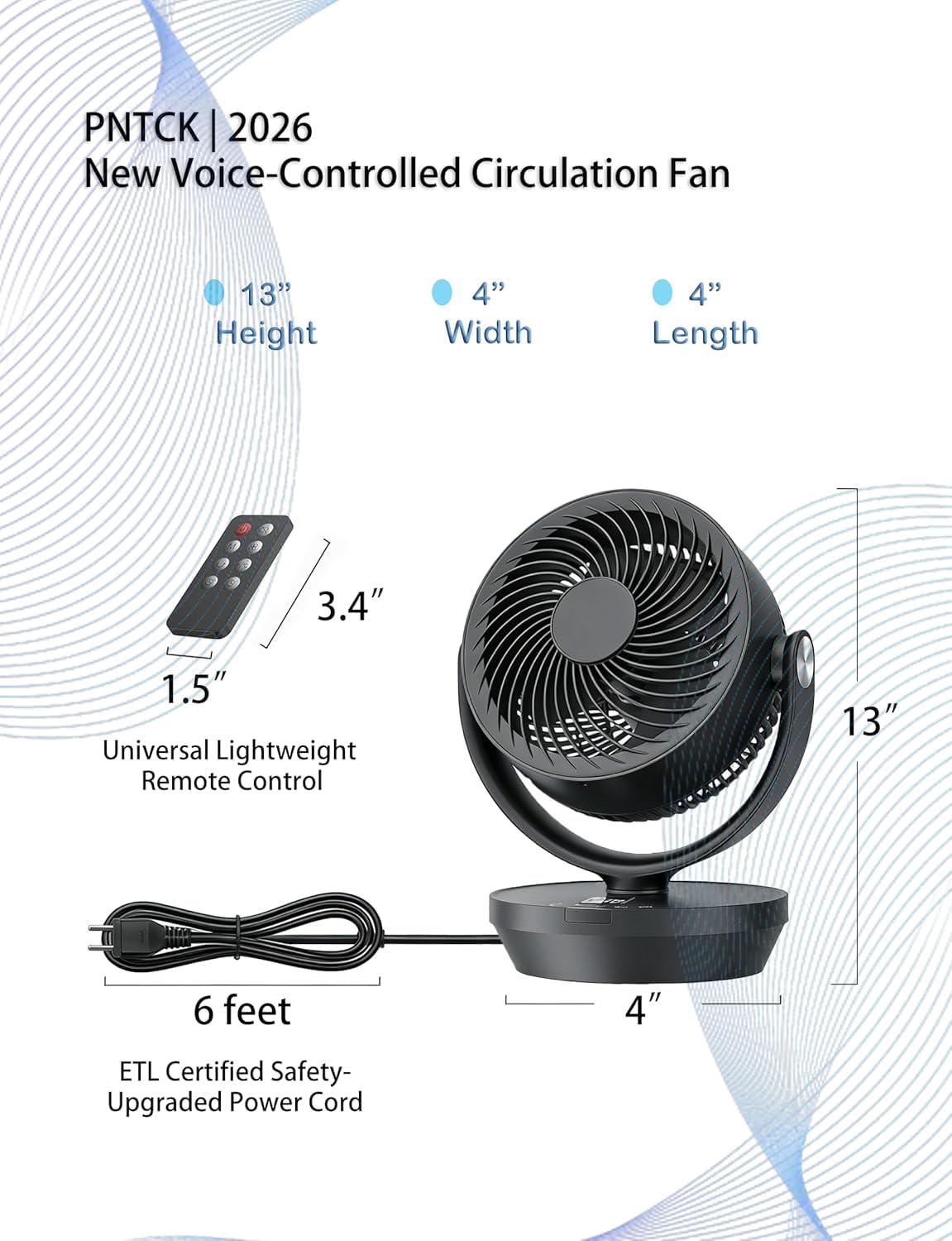 PNTCK Air Circulator Fan for Bedroom, Quiet Oscillating Table Fan with 4 Speeds, Remote Control, 90° Oscillation, 12H Timer