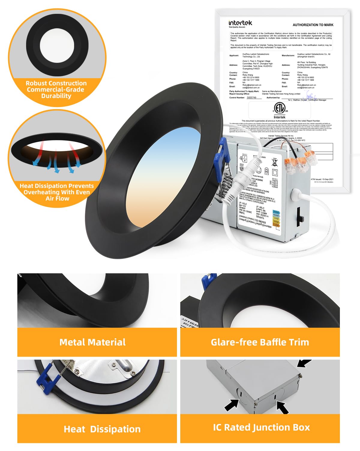 Adetu 4 Inch Anti-Glare LED Downlight,Dimmable Ceiling Light with 5CCT Reset,Selectable from 2700K to 5000K - 12W 1080LM, ETL Certified (Black, 6 Pack Round)