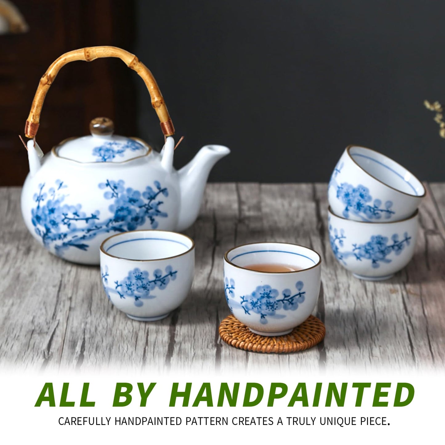 Japanese Tea Set Porcelain Tea Set with Teapot and Tea Cup Set for 4, Blue and White Tea Sets for Adults with Stainless Infuser and Bamboo Tray, Asian Tea Set for Tea Lovers/Women/Men (Plum & Bamboo)